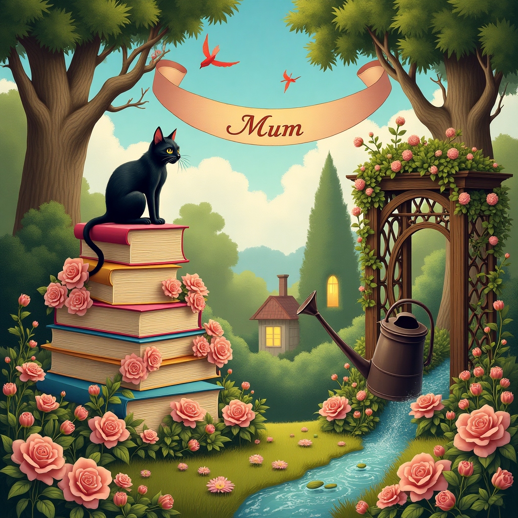 Front and center, the scene unfolds in a whimsical garden with an oversized, intricately detailed birthday cake that has vibrant, pastel layers reminiscent of Maxfield Parrish's enchanting use of color. Perched atop this cake, a sleek, black cat with wide, curious eyes—a nod to Beatrix Potter’s character charm—playfully bats at a spiraling ribbon that cascades down the side.

To the right of the cake, a wooden trellis adorned with a dense tapestry of roses and ivy rises majestically. Nestled among the foliage, numerous open books are artistically intertwined, pages fluttering as if caught in a gentle breeze, echoing Arthur Rackham's complex and organic designs. Each book cover displays detailed illustrations and small, fantastical creatures peering out, reminiscent of Maurice Sendak's style.

In the foreground, a vintage watering can, stylized with Edward Gorey's distinctive ink work, sits half-tipped, pouring out a stream of sparkling water. This water weaves through the grass, glistening in hues of aquamarine and turquoise.

Above the garden scene, a sky illustrated in Gustave Doré's epic style of swirling clouds reveals a banner made of books strung across the heavens. The word "Mum" is inscribed in elegant, golden script on the central book, glistening with an ethereal glow against the backdrop.

The background features towering trees with twisting branches that form a natural arch around the garden scene, their trunks detailed with Beardsley's intricate patterns. Brightly colored birds, painted with Quentin Blake’s expressive flair, flit between the branches, bringing a touch of life and movement.

In the far distance, a small, warmly lit cottage peeks out, with windows shaped like open books, echoing N.C. Wyeth’s storytelling vistas. This quaint dwelling suggests a world where stories, nature, and celebrations come together in harmony.
Generated with these themes: Black Cat, Gardening, and Books.
Made with ❤️ by AI.