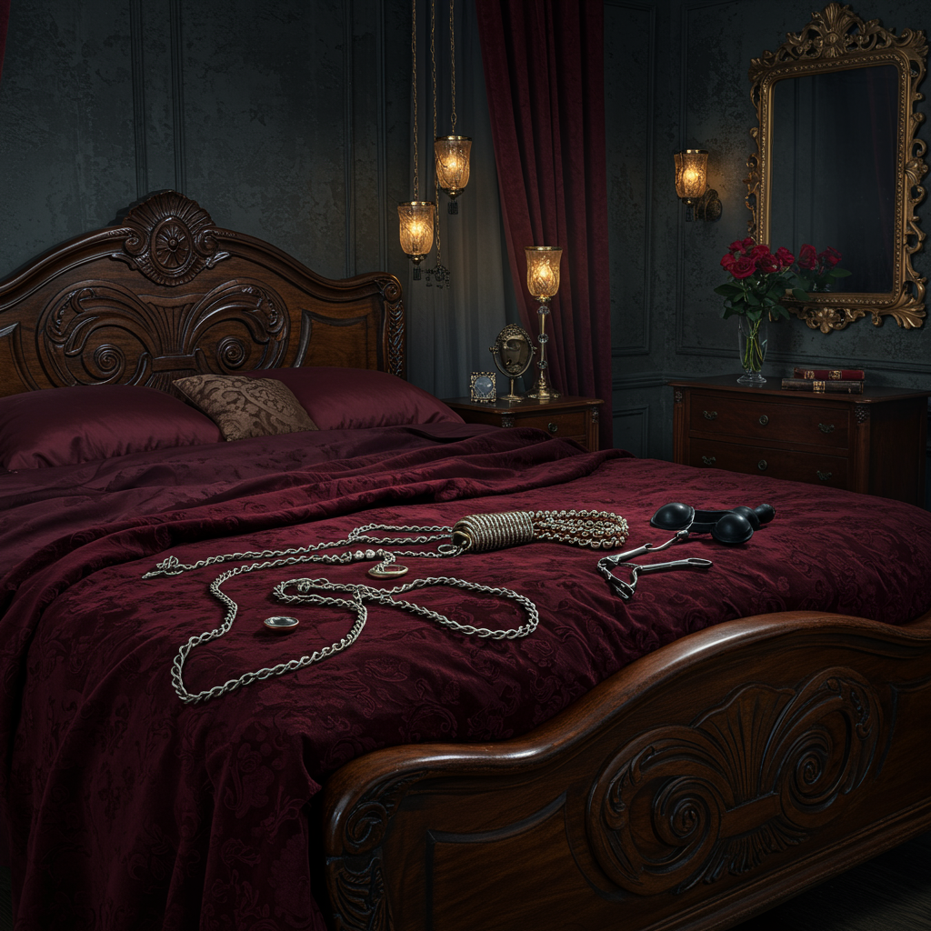 Title: "Interwoven Harmony"

Front Cover Description:

Foreground:
- A large, plush bed with intricately carved wooden headboard and footboard dominates the scene. The bed is covered in a rich, deep burgundy velvet bedspread with an opulent sheen that catches the light, showcasing its luxurious texture.
- A delicate, silken rope in a shade of antique gold lies artistically arranged atop the bedspread, creating elegant loops and spirals that contrast against the rich burgundy fabric.
- A pair of polished silver chains glisten, coiled neatly near the foot of the bed, their metallic surfaces reflecting soft, ambient light. They are sleek, with a hint of ornate design in the links.
- Nipple clamps, crafted with a mix of brushed metal and soft, black leather, rest nearby, positioned with precision to highlight their craftsmanship.

Background:
- The room is enveloped in a subdued, yet sophisticated color palette of deep greys and charcoals, with subtle hints of gold in the trim of the walls, adding warmth and elegance.
- The walls are adorned with textured wallpaper that resembles a woven pattern, giving a tactile sense of depth.
- In the background, tall, elegantly draped curtains in a complementary burgundy hang floor to ceiling, casting gentle shadows across the room.
- A series of soft, pendant lights hang overhead, their glass surfaces tinted in a warm amber hue, casting a golden glow that accentuates the room's features.
- A vintage, ornate mirror with a gilded frame hangs on one wall, capturing the subtle interplay of light and shadow, adding dimension to the scene.

Objects:
- An intricately designed nightstand, crafted from dark mahogany, stands beside the bed. Atop it, a crystal vase holds a single, deep red rose in full bloom, its velvety petals meticulously detailed.
- A small, leather-bound book with gilded edges rests on the nightstand, suggesting a story waiting to unfold.
- Soft, scattered petals of crimson red roses create a delicate pathway leading to the bed, hinting at the intricate narrative captured within this scene.

The image captures the essence of sophistication through a meticulous arrangement of elements, inviting viewers into a world where artistry meets reality.
Generated with these themes: Smooth, Obedient, Listener, Supportive, Always there , Submissive Woman, Dominant Man, Rope, Bed, Chains, Nipple clamps, and Naked.
Made with ❤️ by AI.