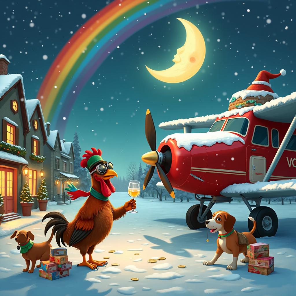 In a snowy Christmas village adorned with cobblestone streets, quaint shops boast frosted windows, their façades strung with colorful lights and garlands. The night sky sparkles with twinkling stars and features a large, smiling crescent moon donning a Santa hat. In the foreground, on the left, an anthropomorphic and plucky rooster, dressed in a vintage aviator cap and goggles with a fluttering scarf, stands proudly beside a red and white propeller plane. The aircraft is loaded with boxes of Stolichnaya Vodka, while a cheerful group of animated beagles wearing charming elf hats and rainbow collars busily unload vodka boxes, placing them onto a festively decorated sled.

To the right, a giant, vibrant rainbow arches gracefully over the scene, emerging from a whimsical pot of gold filled with miniature vodka bottles instead of coins, adding a playful twist to leprechaun lore. A flag representing gay pride proudly flies atop the plane, draping down in celebration. The rooster engages in a heartwarming toast with a small vodka shot glass, raising it to a dog wearing a rainbow neckerchief, symbolizing inclusivity and jubilation. All characters sport exaggerated, joyful facial expressions, adding a layer of humor to the scene. In the background, another dog attempts to balance a vodka bottle on its nose, eyes squeezed shut, tongue out, on the verge of a cartoonish sneeze that hints at impending chaos. Nearby, an overstuffed, cartoonish signpost humorously points in multiple directions to famous cities, each adorned with comical misspellings like "New Yolk," "Bark-lin," and "Mosc-owl."

Generated with these themes: Cock, Travel, Stolichnaya Vodka, Dogs, and Gay pride.  
Made with ❤️ by AI.