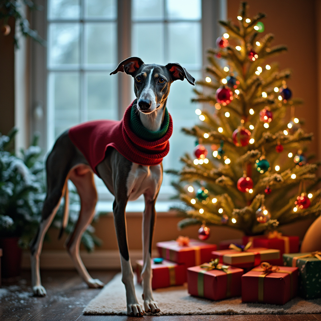 In a charming Christmas scene, a slender adult Greyhound with a grey and white coat and expressive brown eyes stands proudly by a beautifully decorated Christmas tree. The tree sparkles with colorful lights and ornaments, while wrapped presents sit neatly at its base. Snow gently falls outside the window, adding to the festive ambiance, as the Greyhound, wearing a cute red and green holiday scarf, looks content and happy.
.
Made with ❤️ by AI.