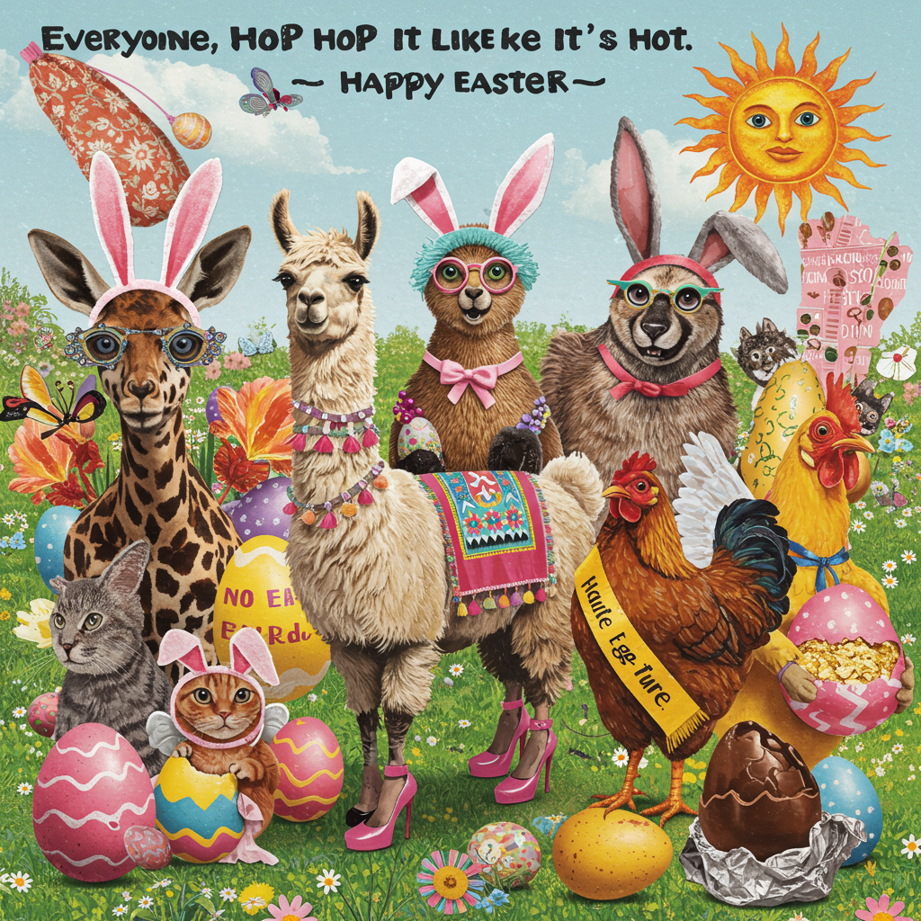 At the top of the illustration image, “Everyone, Hop It Like It’s Hot – Happy Easter!”

An illustrated collage-style scene featuring an over-the-top Easter parade of animals, all wearing outrageous DIY bunny costumes made from recycled magazine clippings, fabric scraps, and googly eyes. A llama struts in stilettos with bunny ears made from sock puppets. A chicken rocks a “Haute Egg-ture” sash, and a confused cat in paper wings attempts to lay a chocolate egg. Background filled with glittery cut-out Easter eggs, funky pastel florals, and a sun wearing aviator shades. Whole image bursting with chaotic, crafty Easter madness.
Generated with these themes: Collage.
Made with ❤️ by AI.