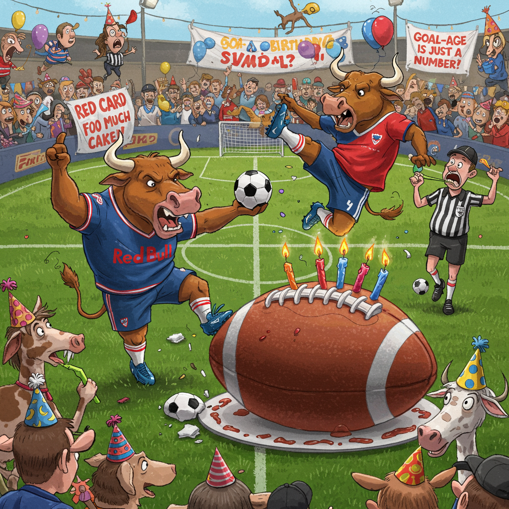 **Prompt:**  

A cartoon-style birthday scene on a football pitch, where two cartoon bulls—clearly parodies of the Red Bull logo—are wearing football kits and hilariously charging at a giant birthday cake shaped like a football. One bull is yelling “RED CARD FOR TOO MUCH CAKE!”, while the other is mid-air doing an over-the-top bicycle kick towards a candle on top of the cake. In the background, goofy cartoon referees with shocked faces are trying to blow party horns instead of whistles, and the crowd is made up of various barnyard animals wearing birthday hats and waving “Goal-age is Just a Number!” banners. The whole scene is energetic, silly, and full of exaggerated motion lines and comic chaos.
Generated with these themes: Red Bull Logo, and Football.
Made with ❤️ by AI.