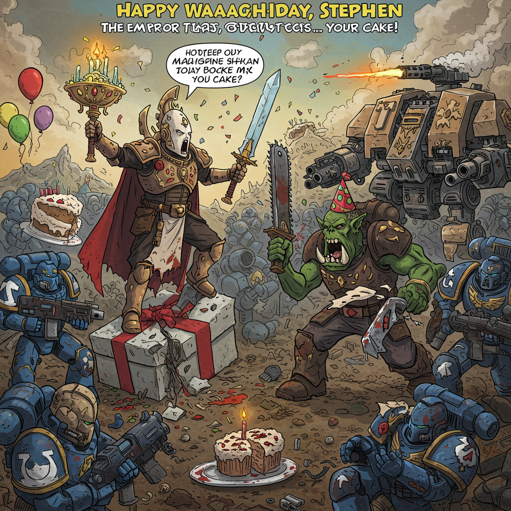 **Image Prompt:**

At the top of the cartoon image:  
**"Happy WAAAGH-thday, Stephen – The Emperor Protects... Your Cake!"**

**Cartoon scene description:**  
A bright and whimsical cartoon-style battlefield, littered with splattered frosting and birthday balloons amidst Warhammer 40k chaos. An over-the-top Eldar Farseer, dramatically wielding a birthday candle like a psychic weapon, stands atop a smashed gift box, shouting ancient runes that float like confetti.  
Opposite him, a very confused Ork wearing a party hat yells "ITZ MY TURN TO CUT THE CAKE!!" while swinging a chainsword dripping with frosting instead of blood.  
Behind them, Space Marines sing a totally off-key version of "Happy Birthday," led by a stoic Ultramarine Chaplain trying to clap in time while a Dreadnought fires cupcakes from its autocannons.  

Cake everywhere. Lasguns firing streamers. Someone has gift-wrapped a Plasma Gun and it's clearly going to end badly.

Endless, hilarious carnage… in the name of birthday fun!
Generated with these themes: Warhammer 40k, and Eldar.
Made with ❤️ by AI.