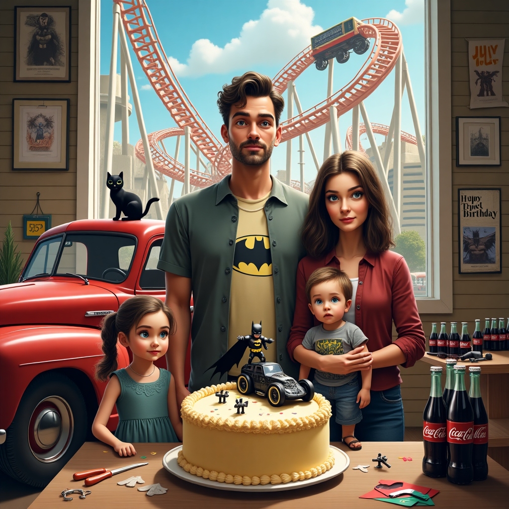 Tall man with blue eyes and brown curly hair in ponytail, 5 year old blue eyes, dark blonde hair girl, 9 month old blue eyes, brown hair baby boy , Short woman with brown hair and green eyes, Batman, Batman themed workshop, Black and white cat, American style truck , Coca cola , and Rollercoasters Birthday Card