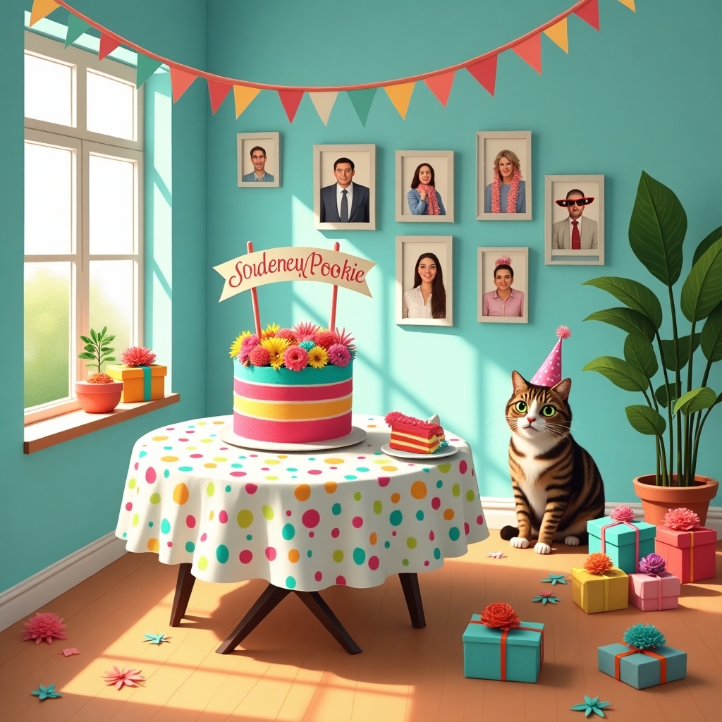 The scene is set in a cozy, brightly lit living room filled with whimsical, humorous details. The walls are painted in a soft pastel blue, and a large bay window on the left side allows sunlight to pour in, casting lively shadows across the floor.

In the center of the room, there's a round, wooden dining table adorned with a colorful tablecloth featuring playful patterns of balloons and confetti. On the table sits a large, decadent birthday cake with three layers, each in vibrant hues of pink, turquoise, and yellow. The cake is topped with a cascade of lifelike, edible flowers and a tiny banner arching over it, reading "Sydney/Pookie" in playful, hand-lettered script.

To the right of the cake, a half-eaten slice sits on a white porcelain plate, the layers revealed in all their colorful glory. Next to the plate, a small, mischievous-looking tabby cat with striking green eyes is perched, seemingly eyeing the cake with intent. The cat wears a tiny party hat adorned with polka dots.

Above the table, a string of bunting in a rainbow of colors hangs across the room, adding a touch of festivity. Each flag on the bunting has a different pattern, like stripes, polka dots, and stars.

In the background, there's a family photo wall featuring a collection of realistic, framed photographs showing various family members in humorous poses and outfits, such as oversized sunglasses and feather boas, highlighting the theme "She loves me and her family."

Scattered around the room are several gift boxes wrapped in bright, cheerful paper and tied with bows in complementary colors like coral and mint green. Some gifts are artfully stacked near the base of a tall, leafy houseplant, whose leaves arch gracefully into the scene.

The floor is a warm, honey-colored hardwood, reflecting the room's light and giving the scene a cozy, inviting ambiance.
Generated with these themes: She loves me and her family.
Made with ❤️ by AI.