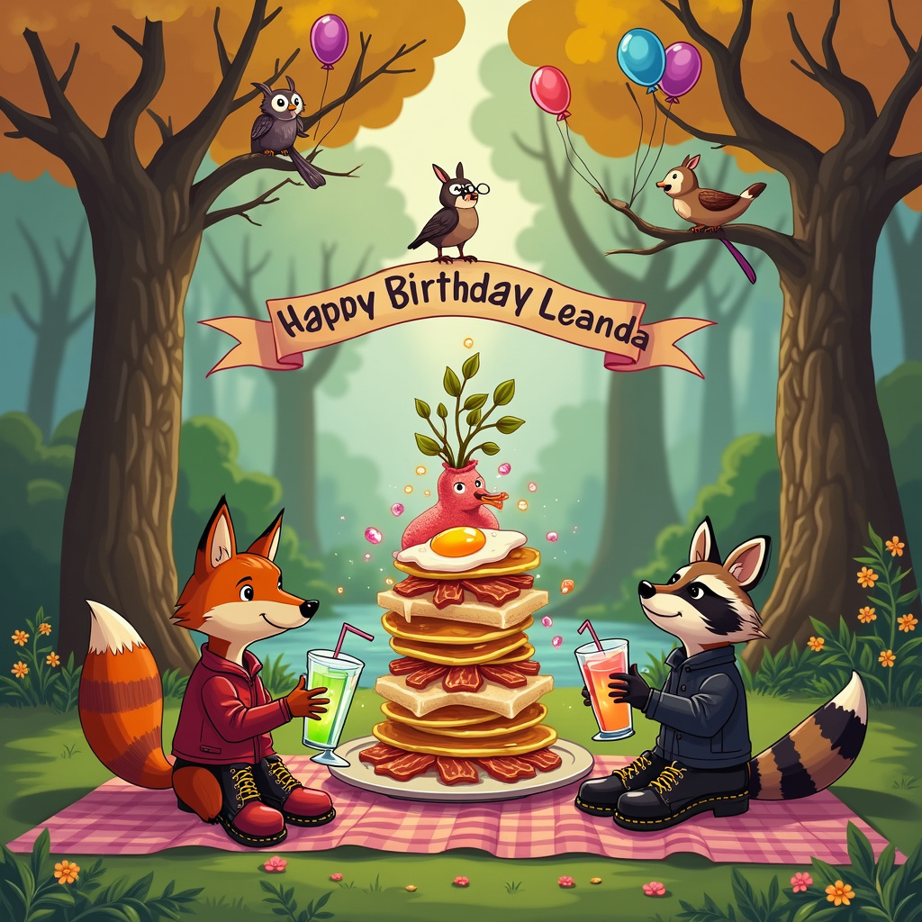 The scene unfolds in a whimsical, cartoonish forest clearing bathed in the soft, early morning light. At the center, there's a vibrant picnic setup on a checkered blanket. Sitting on the blanket are two anthropomorphic best friends: a cheerful fox and a playful raccoon, both sporting stylish Doc Martens. The fox’s boots are a vibrant red, while the raccoon’s are classic black. They are toasting with large, colorful cocktail glasses filled with exotic, sparkling beverages that glow with hues of pink, blue, and green.

Behind them, a towering stack of breakfast items forms an unlikely but enchanting birthday cake: fluffy pancakes, crispy bacon strips, and sunny-side-up eggs, all garnished with sparkling crystals that catch the light like tiny, radiant prisms. Atop the stack, a banner made of vine and flowers unfurls, spelling out "Happy Birthday Leanda" in a playful, hand-drawn font reminiscent of the Peanuts style.

Surrounding the friends, various enchanted forest creatures—each with their own quirky twist—are joining the celebration. A small owl with a monocle sips from a miniature cocktail glass perched on a tree branch, while a rabbit in a vest and tie happily munches on a crystal-infused carrot. Above, birds with pastel feathers hold strings of multicolored balloons in their beaks, with some balloons spelling out "Leanda" against the sky in festive, floating letters.

In the background, tall, curvaceous trees with oversized, glossy leaves reminiscent of Disney’s Fantasia create a fantastical setting. Hints of Art Spiegelman’s detailed textures can be seen in the bark and foliage. Between the trees, a crystalline brook babbles through the scene, its waters shimmering with the reflected light of the crystals embedded in the breakfast stack.

Every detail of the scene is brimming with life and fantasy, blending the inspirations of iconic artists into a unique, enchanting birthday celebration for Leanda.
Generated with these themes: Cocktails , Breakfast , Best friend, Doc martens, and Crystals.
Made with ❤️ by AI.