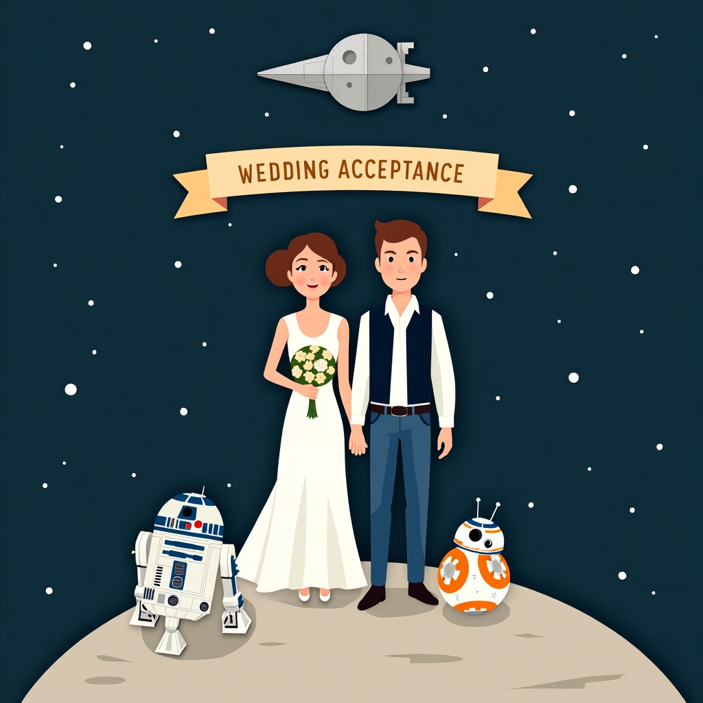 **Front Cover Design Description:**

**Main Scene Composition:**

- **Central Figures:** Two stylized bride and groom characters dressed in attire reminiscent of Star Wars. The bride is in a sleek, flat-design version of Princess Leia’s white dress with geometric detailing, and the groom in a vector-style Han Solo outfit, complete with a flat black vest and blue pants. Both are holding laser-cut style, lightsaber-inspired bouquet and boutonniere.

- **Background:** The background is a deep navy blue, evoking the depths of space, peppered with small, flat white stars creating a cosmic setting. 

- **Foreground Elements:** At their feet, a simple, clean representation of the Millennium Falcon, using geometric shapes in grey and white tones, rests partially visible at the bottom of the card.

**Text Element:**

- **"Wedding Acceptance"** is displayed in a stylized, retro-futuristic font, emblazoned across a banner. The banner is designed to mimic the iconic opening crawl of Star Wars, with a golden-yellow hue. The banner arches gently above the couple's heads.

**Additional Details:**

- **Droid Presence:** Flanking the couple, small flat-style representations of R2-D2 and BB-8 can be seen. R2-D2 is stylized with crisp lines and flat blue and silver panels, while BB-8 features simple orange and white circular shapes.

- **Topper Detail:** Above the couple, floating in mid-space, is a wedding cake topped with a miniaturized Death Star. The cake tiers are flat, alternating between light grey and silver, with the Death Star in darker grey, featuring simplified, circular line work.

- **Color Palette:** The palette includes deep space blues, stark whites, light greys, silver tones, golden-yellow for text, and pops of color from the droids and flowers.

This concept captures the essence of Star Wars within a wedding theme, bringing a playful yet elegant twist suitable for a wedding greeting card.
Generated with these themes: Star Wars, and Wedding.
Made with ❤️ by AI.