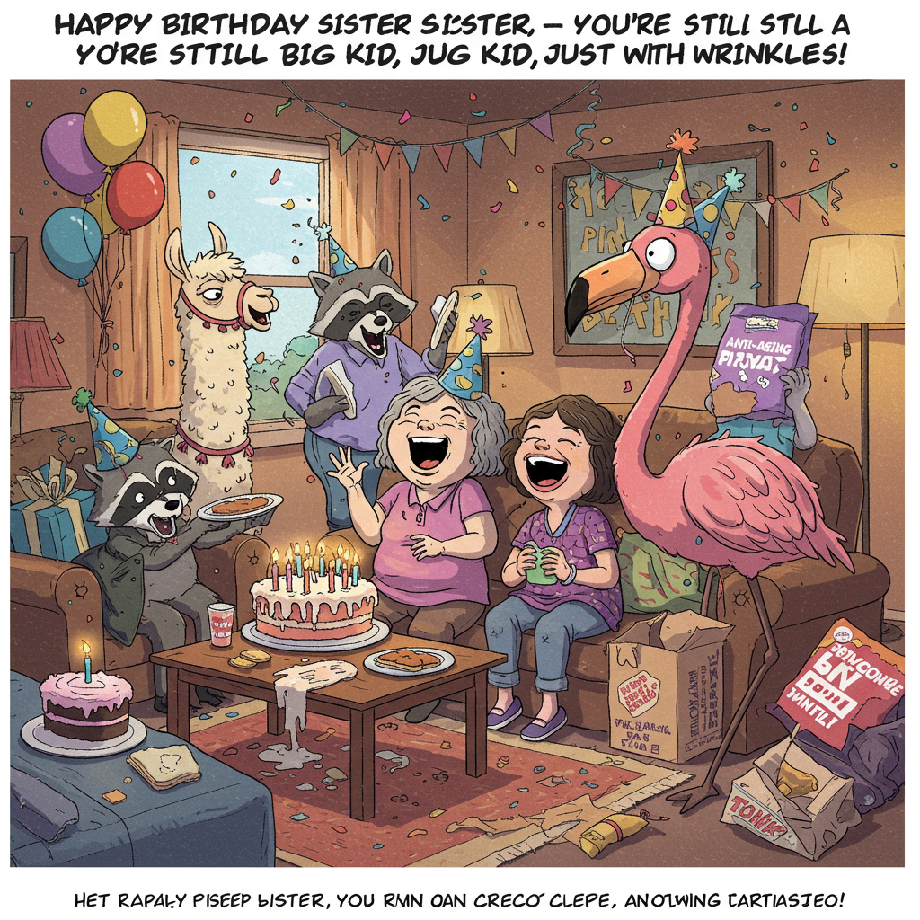 At the top of the illustration image, "Happy Birthday Sister — You're Still a Big Kid, Just With Wrinkles!"

A chaotic, cartoon-style illustration shows a group of mischievous animals (a llama, a raccoon, and a flamingo in party hats) throwing a surprise birthday party for Sister. They're in a living room totally covered in balloons and confetti, while one of them attempts to bake a cake with disastrous (but hilarious) results — think overflowing frosting and a lit candle on a slice of toast. In the center, Sister is depicted as a quirky cartoon character laughing as the flamingo gifts her an enormous “anti-aging piñata.” The whole scene is zany and colorful, packed with absurd details and birthday mayhem.
Generated with these themes: Funny scene.
Made with ❤️ by AI.