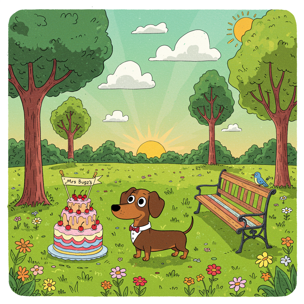 The scene is set in a vibrant park with a lush green field stretching across the background. The park is sprinkled with colorful wildflowers, and there are tall, exaggerated trees with thick, cartoonish trunks and swirling branches that resemble a scene from a whimsical comic strip. 

Front and center is a playful, exaggerated cartoon-style Weiner Dog standing confidently on its hind legs. The Weiner Dog is dressed in a miniature tuxedo, complete with a bow tie, and its long body is slightly curved in a cheeky way. Its eyes are big and expressive, like something out of an Osamu Tezuka manga, giving it a larger-than-life personality. Its ears flap whimsically in the breeze, adding a touch of dynamic movement to the character.

Beside the Weiner Dog, a round, colorful cake stands tall, decorated with oversized cherries and swirly frosting that looks almost too cartoonish to be real, reminiscent of something out of a Bill Watterson strip. The cake features multiple layers, each a different vibrant hue, and a small banner perched on top that reads "Mrs Bugzs" in bold, playful letters. 

In the sky, fluffy, exaggerated clouds float lazily, painted in soft pastels. One cloud, in particular, is shaped humorously like a giant bone, nodding to the doggy theme. The sun peeks over the horizon, radiating cartoonish rays that are reminiscent of a Walt Disney sunrise scene.

On the right side of the card, there's a classic park bench drawn in a vintage style akin to Hergé's Tintin, complete with scrolling ironwork and plump cushions that are striped in vivid colors. A whimsical, hand-drawn bird perches on the edge of the bench, its feathers a kaleidoscope of blues and greens, echoing the playful style of Winsor McCay.

Overall, the scene combines bright, bold colors and exaggerated features, inviting the viewer into a world that feels both familiar and delightfully surreal, much like a quirky crossover between the iconic styles of Charles Schulz and Gary Larson.
Generated with these themes: WeinerDog Standing on hind legs..
Made with ❤️ by AI.