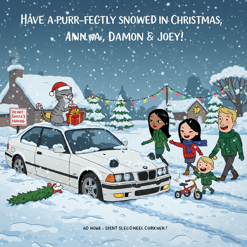 **Prompt for Cartoon Image:**

At the top of the cartoon image, write:  
**"Have a purr-fectly snowed-in Christmas, Anna, Damon & Joey!"**

Now, create a funny Christmas cartoon-style image with the following scene:

A snowy suburban winter wonderland setting. A sleek white BMW is comically stuck in a snowbank by the roadside, covered in a thick layer of snow with just the side mirrors poking out like ears. Nearby, a grey cat wearing a Santa hat lounges smugly on top of the snow-covered BMW like it's the warmest spot in the universe, sipping hot cocoa through a candy cane straw.

A family of three — mother (long black hair), father (blonde hair), and son (blonde hair) — are cheerfully trudging past in knee-deep snow, wrapped up in oversized scarves and puffy Christmas sweaters. The son is pushing a hilariously tiny bicycle that’s clearly useless in the snow, its training wheels spinning freely in the air.

Snowflakes are gently falling, and Christmas lights glow in the background, casting a warm festive glow. Add subtle visual gags like the cat having decorated the BMW with its own homemade ornaments, and a "Do Not Tow — Santa’s Sleigh Parking" sign sticking out of the hood. The overall style is playful, colorful, and bursting with quirky festive humor.
Generated with these themes: Grey cat, White bmw, Snow, Family walking in snow, Mother with black long hair, Father with blonde hair, Son with blonde hair, and Small bicycle.
Made with ❤️ by AI.