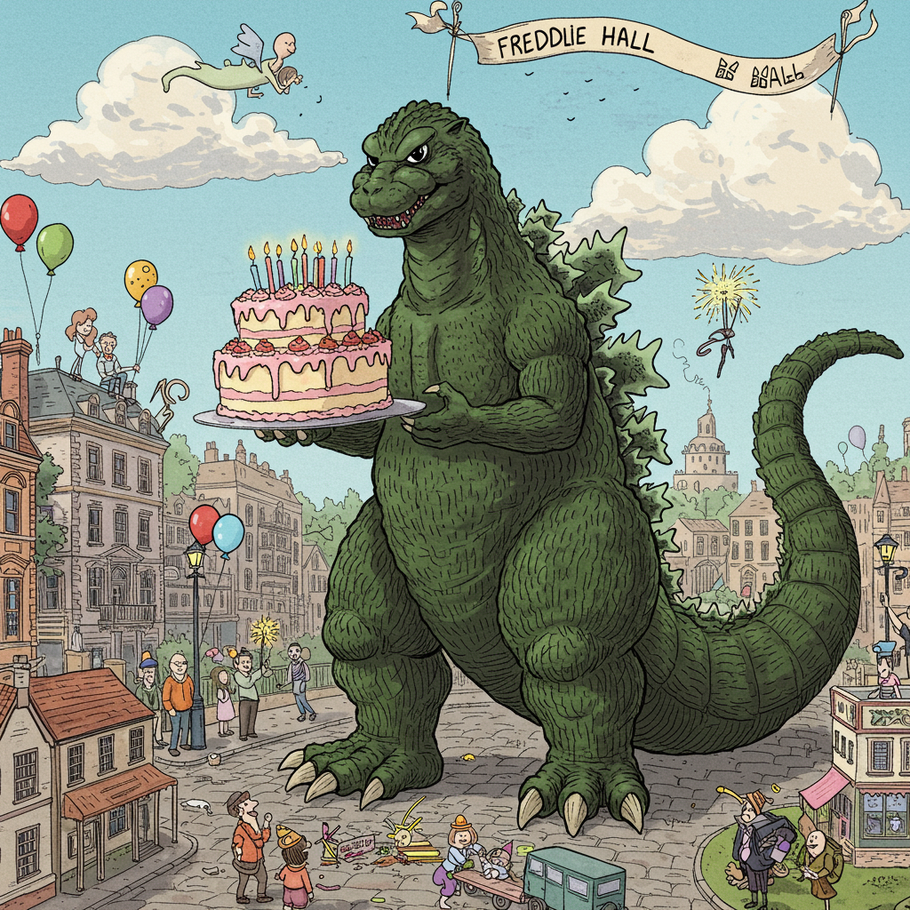 The scene is set in a bustling, vibrant cityscape reminiscent of a vintage Norman Rockwell illustration combined with the fantastical elements of Maurice Sendak and the intricate line work of Aubrey Beardsley. Godzilla, drawn with a detailed and expressive style, towers over the city, a playful, oversized figure amidst a backdrop of old-world, Beaux-Arts architecture.

Godzilla's scales are a deep forest green, richly detailed with cross-hatching akin to Arthur Rackham's meticulous lines. He stands on a cobblestone street, which is depicted in muted grays and blues, reminiscent of N.C. Wyeth's tonal palette. In his tiny, delicate claws, he gently holds an enormous birthday cake, decorated with vibrant frosting in shades of pastel pink, turquoise, and sunny yellow—a nod to Beatrix Potter's cheerful use of color.

The cake is adorned with an array of whimsical, multicolored candles, each alight with a tiny flicker of orange and white, casting a warm glow that contrasts with Godzilla's green hues. Scattered around Godzilla's feet are miniature buildings and vehicles, drawn with the precise, gothic style of Edward Gorey, adding a touch of whimsy and absurdity.

Above this scene, a whimsical, floating banner weaves through the sky, lettered in Quentin Blake’s loose, expressive script, proclaiming "Freddie Hall." The banner is tied between two fluffy clouds, rendered in Maxfield Parrish's signature soft and luminous style, with hints of peach and lavender against a cerulean blue sky.

In the background, a small crowd of tiny, stylized people, inspired by Gustave Doré’s attention to detail, look up in awe and amusement, some holding party hats, balloons, and sparklers, bringing the scene to life with dynamic, lively elements. This delightful, fantastical birthday scene captures the chaos and joy of Godzilla’s unexpected party visit, blending the detailed artistry of the past with the humor and whimsy of an unexpected guest who simply loves birthday cake.
Generated with these themes: Godzilla loves birthday cake.
Made with ❤️ by AI.