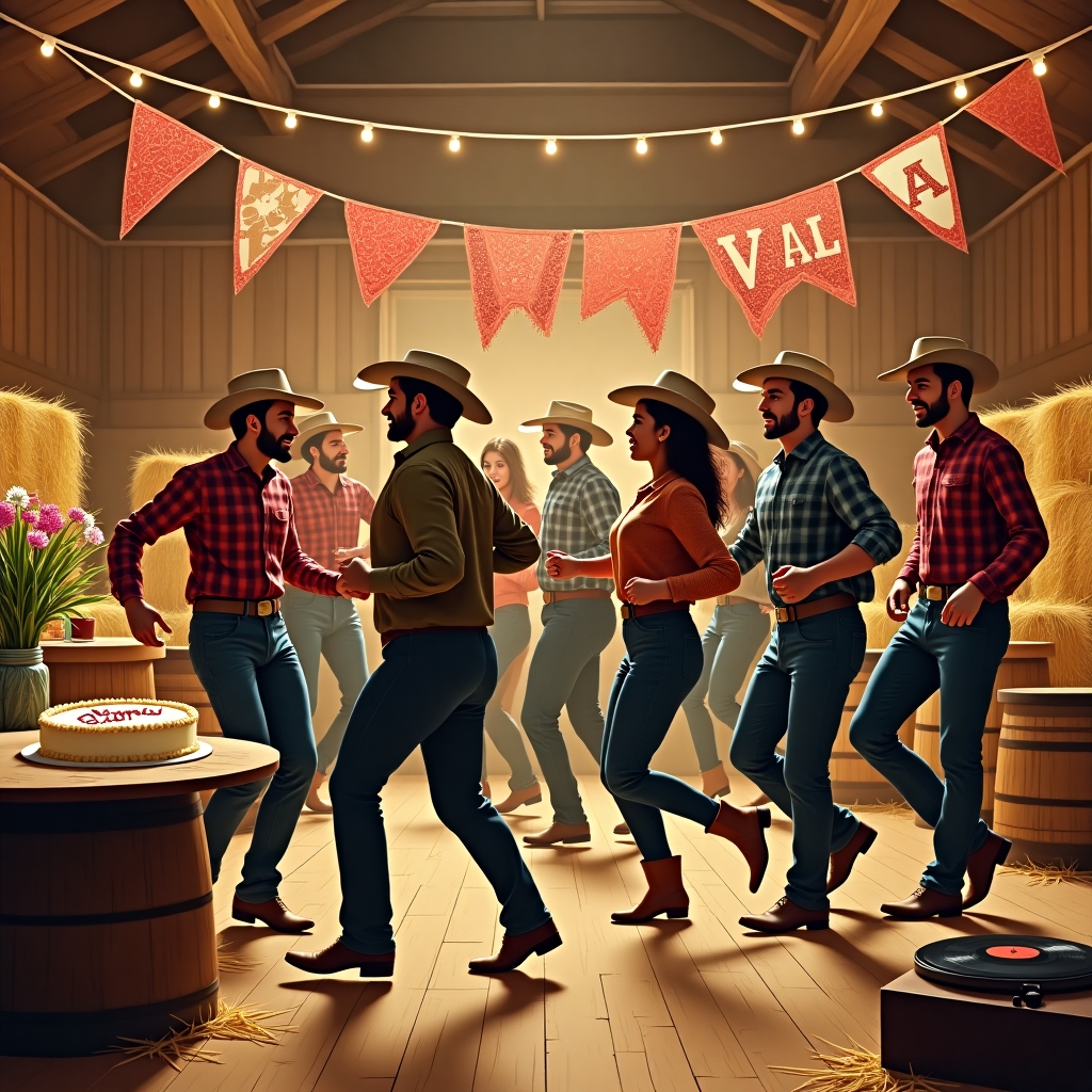 The front cover of this birthday greeting card showcases a lively country line dancing birthday party set in a rustic barn. 

**Background:** The scene is set in a large, old wooden barn with hay bales stacked along the sides, creating a charming, rustic atmosphere. Warm, soft yellow lights hang overhead, illuminating the space with a cozy glow. In the background, wooden barrels are arranged as makeshift tables, holding mason jars filled with vibrant wildflowers. 

**Main Scene:** At the center, a group of diverse people is captured mid-step in a lively line dance. They wear traditional Western attire: cowboy boots in shades of brown and tan, plaid shirts in hues of red, blue, and green, and classic cowboy hats. Their movements are detailed and lifelike, capturing the intricacy of the dance steps.

**Foreground:** To the left of the dancers, there's a large, round wooden table. On the table sits a cake decorated in a country theme, with tiny edible cowboy hats and boots as embellishments. The cake is frosted in rich, creamy white icing, with "Happy Birthday" written in vibrant red icing across the top. 

**Text Placement:** A playful banner strung across the upper right corner of the barn spells out "Val" in bold, colorful letters. The letters are designed to resemble the patterns on a classic bandana: red with white paisley designs.

**Additional Elements:** In the bottom right corner, a small, lifelike depiction of a vintage record player spins a vinyl, emphasizing the musical theme. On the floor, near the dancers, scattered straw adds a touch of authenticity to the barn setting.

The overall color palette is warm, with rich browns and reds dominating the scene, creating a vivid and realistic depiction of a country-themed birthday celebration.
Generated with these themes: Country Line Dancing, and Birthday party.
Made with ❤️ by AI.