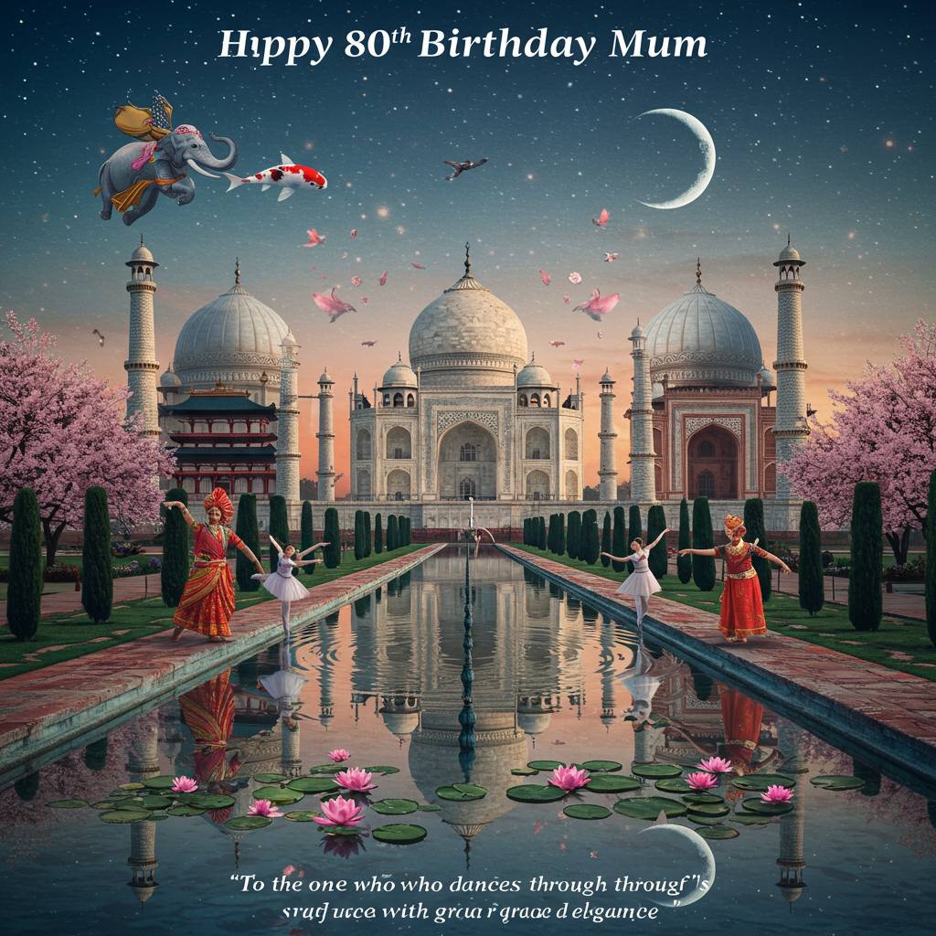 At the top of the Surreal Style image, the text reads: **Happy 80th Birthday Mum**

---

In the foreground, a dreamlike fusion of the Taj Mahal gracefully melds with the tranquil cherry blossoms of Japan, set beneath a twilight sky that dances with swirling stars. Ethereal, translucent ballerinas perform an intricate ballet atop the reflecting pool of the Taj Mahal, their reflections blending seamlessly with those of tap-dancing figures, creating a rippling rhythm upon the water. The architecture's iconic domes morph into delicate fans of Japanese paper, fluttering gently as if caught in an unseen breeze.

Amidst this whimsical landscape, an elephant adorned in traditional Indian finery gracefully tiptoes across a stage of lily pads, as a koi fish leaps beside it, both caught mid-dance in a harmonious blend of cultures and art forms. Overhead, a crescent moon smiles down, casting an iridescent glow over the surreal scene.

Below this fantastical spectacle, a single caption floats softly, weaving together the eclectic elements with sincerity: **"To the one who dances through life's stages with grace and elegance."**
Generated with these themes: Photography, Taj Mahal, Japan, India, ballet and tap dancing, and .
Made with ❤️ by AI.