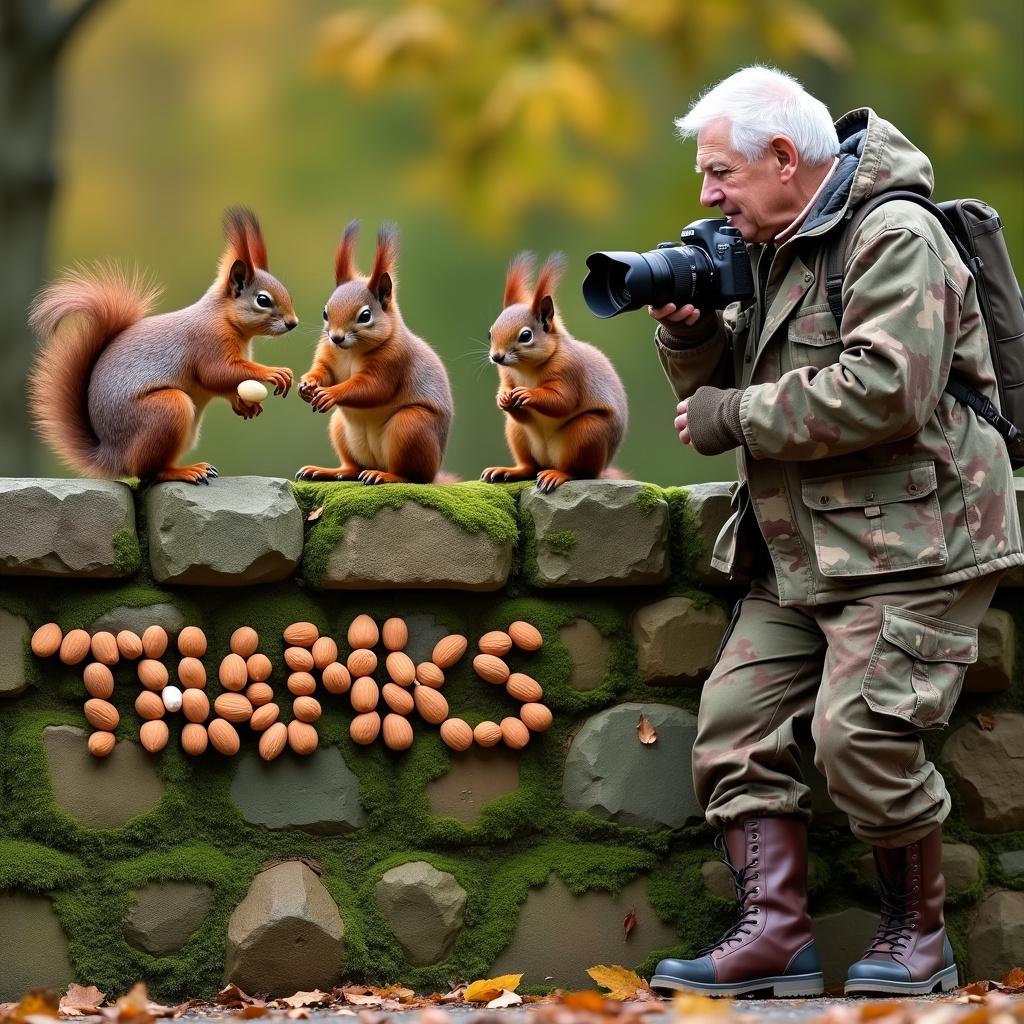 Set against a backdrop of a bright autumn day, the scene unfolds with a trio of spirited red squirrels on an aged wall made of rough, irregular stones with interjections of bright green moss. A male squirrel with an oversized acorn cap is standing confidently atop the wall as he oversees two other squirrels placing almonds in formation to spell out 'Thanks'. Adjacent to the wall is a tall elderly male photographer standing in a poised stance. His face is smooth and devoid of any facial hair, framed by pure white hair that contrasts his camouflage outfit, which is meticulously designed with a combination of deep greens, browns, and blacks. The jacket and pants are covered with a pattern that mimics the surrounding foliage, complete with matching gloves. His feet are encased in high-top leather boots, scuffed from use. Around his neck hangs a professional DSLR camera with a large telephoto lens, and he gently adjusts the focus ring, looking through the viewfinder with one eye squinted, eager to snap a picture of the cheeky squirrels and their nut-made message.
Generated with these themes: Red squirrels on wall. .elderly clean shaven photographer.no beard  in camaflauge clothing.
Made with ❤️ by AI.