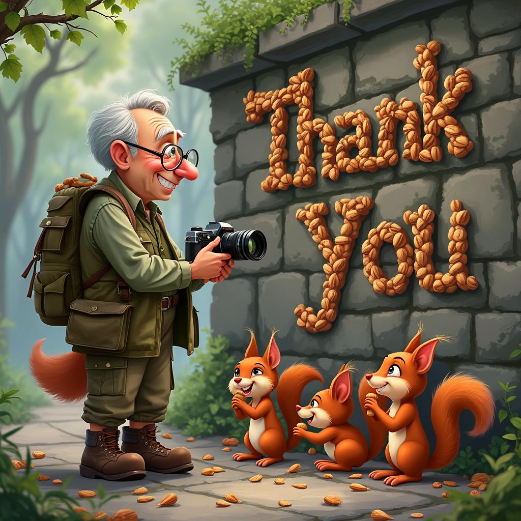 A cartoon scene focusing on a group of jovial red squirrels engaged in a humorous activity. There are exactly three squirrels, each with fluffy tails and prominent front teeth, positioned on a rustic stone wall, the stones covered in patches of moss and ivy. They appear to be arranging an assortment of nuts into the words 'Thank You', some holding the nuts with both hands while others are using their tails to maneuver the nuts into place. On one side of the wall stands an elderly, clean-shaven photographer, his skin showing signs of aging like wrinkles and liver spots. He sports a full-head of gray hair, wire-rimmed glasses, and a soft smile. He is clothed in fitted camouflage attire, which includes a button-up shirt, cargo trousers, and a vest brimming with pockets, primarily in shades of forest green and brown. His feet are clad in sturdy, dark hiking boots suitable for the outdoors. In his hands, he holds a large vintage camera, ready to capture the squirrels' adorable moment.
Generated with these themes: Red squirrels on wall. .elderly clean shaven photographer.no beard  in camaflauge clothing.
Made with ❤️ by AI.