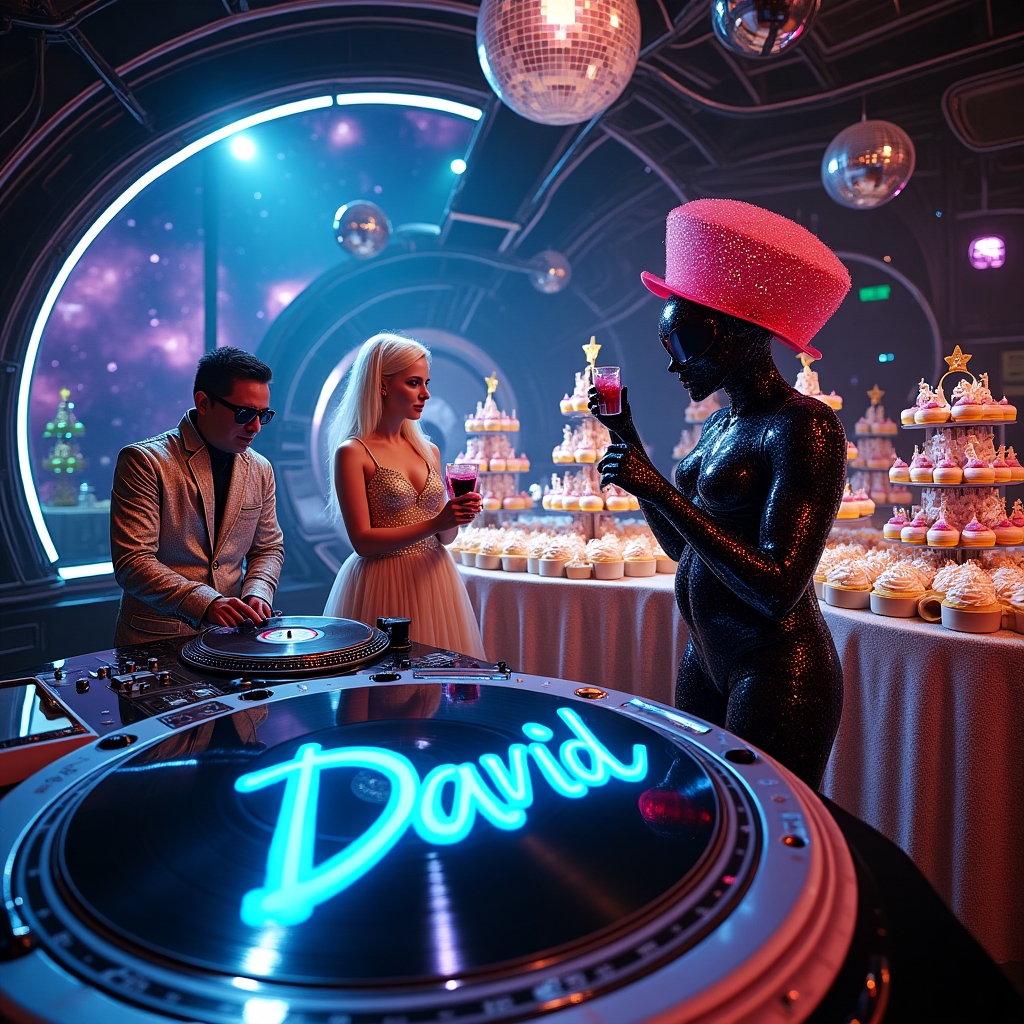 The scene unfolds in a cosmic, retro-futuristic disco space, where vibrant neon hues illuminate the surroundings. The setting is a glossy black-and-silver spaceship deck, complete with transparent, curved windows showcasing a swirling galaxy outside. 

In the center, there's a round, mirrored dance floor reflecting the bright lights from a spinning disco ball hanging above. The disco ball is etched with the word "David" in electric blue letters that glow against the metallic surface. 

To the left, Gary Numan, clad in a silver, robotic jumpsuit and wearing his iconic eyeliner, is spinning vinyl records at a DJ booth. The records shimmer in the ambient purple and green lights. Nearby, Debbie Harry, dressed in a striking, glittering gold dress that catches every beam of light, holds a microphone, ready to belt out a tune. Her platinum blonde hair flows like silk, almost blending with the colorful strobe lights that dance around her.

On the right, the Alien Queen stands regally, her exoskeleton a glossy black, reflecting a spectrum of neon colors. She's adorned with a dazzling, oversized party hat that's bright pink and studded with twinkling star-shaped sequins. In one claw, she holds a cocktail glass filled with a shimmering, effervescent liquid that mirrors the colors of the galaxy outside.

In the background, an elaborate buffet table is set, laden with an assortment of vibrant, otherworldly treats. There are towering cupcakes with iridescent frosting and a massive, multi-layered cake that reads "Happy Birthday, David!" in bold, red lettering. Hovering above the table are tiny drones carrying additional trays of glowing, bite-sized hors d'oeuvres.

The entire scene is bathed in a psychedelic blend of blues, pinks, and greens, creating an immersive, energetic visual experience that blends the realms of rock, sci-fi, and birthday revelry.
Generated with these themes: Gary Numan Debbie Harry and Alien queen partying.
Made with ❤️ by AI.