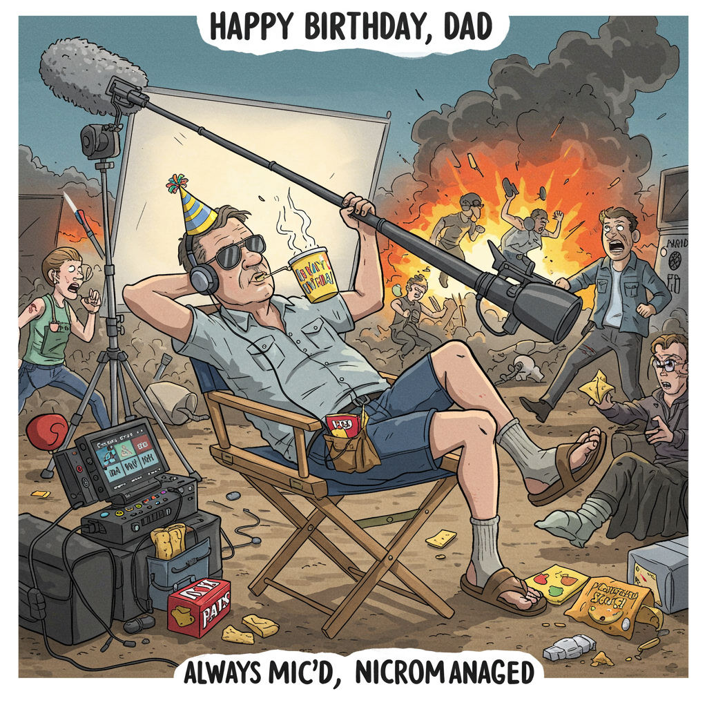 At the top of the cartoon image: **"Happy Birthday, Dad — always mic’d, never micromanaged."**

A funny cartoon scene featuring a middle-aged male boom operator lounging on a foldable director’s chair on a chaotic action movie set. He’s relaxed, sunglasses on, holding a large boom mic lazily over the mayhem while sipping from a birthday-themed travel mug. Around him, explosions, stunt doubles flying, and actors dramatically yelling — but he’s completely unbothered. His utility belt has snacks instead of gear, and one sock is cheekily tucked into a sandal. A small party hat perches atop his headset.
Generated with these themes: A middle aged male boom operator relaxing on set of an action movie. He must have two arms and be holding the boom. Text across top of card which says: Dad, always mic’d, never micromanaged. Do not add more text .
Made with ❤️ by AI.