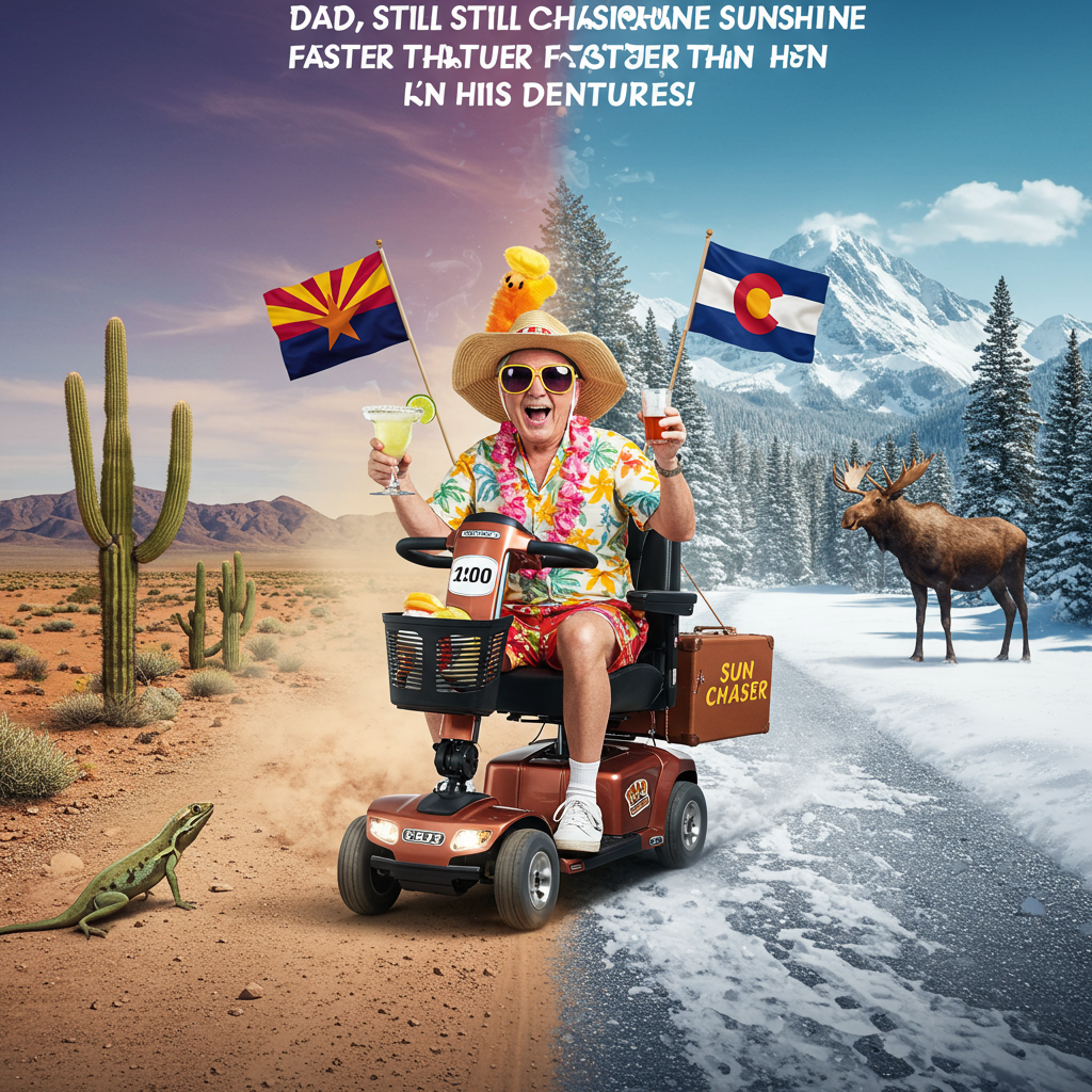 At the top of the realistic photograph image, *"Dad, still chasing sunshine faster than his dentures!"*

**Prompt for the image:**  
Create a funny, highly detailed, realistic photograph of an 82-year-old man, wearing colorful Hawaiian shorts, oversized sunglasses, a floppy sunhat, and white sneakers with socks pulled high. He is riding a souped-up mobility scooter that's been modified to look like a race car. The scooter has little flags — one with the Arizona state flag and the other with the Colorado state flag — fluttering in the breeze.  
The scene shows him halfway on a dusty desert road (Arizona) with cacti and a lizard on one side, and halfway into a snowy Colorado mountain landscape with pine trees and a moose on the other side.  
He's smiling mischievously, holding a frozen margarita in one hand, while a small suitcase labeled "SUN CHASER" is strapped to the back of the scooter.  
The lighting is bright, warm, and vibrant, emphasizing the whimsical contrast between the desert and snowy mountain settings.  
The mood should be energetic, playful, and joyfully absurd, as if the snowbird life is the ultimate extreme sport.
Generated with these themes: 82 year old snowbird living half the year in arizona and half in colorado chasing nice weather.
Made with ❤️ by AI.