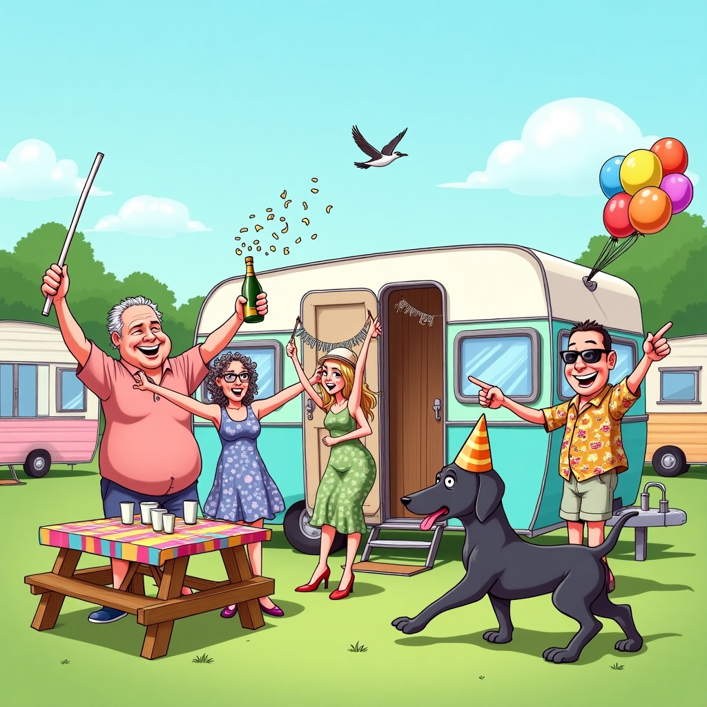 In this whimsical, cartoon-style greeting card scene, the setting is a lively caravan park, bustling with colors and comical characters. At the forefront, a jubilant 60-year-old man, round and bald, energetically brandishes a white stick with one hand, almost as if conducting a band, while triumphantly holding a bottle of champagne in the other. His smile is as wide as his belly, reflecting the joyous occasion. Next to him, a 60-year-old woman, with delightfully curly grey hair, joins in the celebration, her hands up in the air in sheer excitement, accentuated by a few confetti strands tangled in her curls. She wears a floral patterned dress that flutters as she hops around with glee. Nearby, a 33-year-old woman with long, flowing blonde hair, stylishly dressed in a sun hat and sunglasses, pours champagne into plastic cups from a picnic table covered with a colorful checkered tablecloth. Standing beside her is a 30-year-old man in a Hawaiian shirt and shorts, pointing towards the caravan with a grin, where a 'Congratulations!' banner dangles lopsidedly above the door. Completing the ensemble is a dark grey Labrador, tongue out and seemingly smiling, wearing a party hat that droops comically to one side, playfully wagging its tail beside a cluster of balloons tied to the caravan's antenna. In the background, other caravans, each painted in bright pastels, dot the landscape beneath a sky that hosts a scattering of fluffy clouds and a single bird mid-flight, symbolizing freedom and celebration. This scene bursts with life and humor, capturing the essence of a delightful family achievement with a light-hearted, animated flair.
Generated with these themes: 60 year old man, overweight and bald with a white stick, 60 year old woman, overweight, grey hair, 33 year old woman,  long blond hair , 30 year old man, Dark grey labrador, smiling, A caravan holiday, and Champagne.
Made with ❤️ by AI.