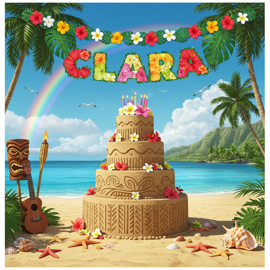 Front Cover Design Description:

Visual Scene: The scene is set on a pristine Hawaiian beach, bathed in warm, golden sunlight. The azure ocean gently kisses the shore with frothy waves. Lush palm trees with vibrant green fronds are scattered along the beach, casting elongated shadows on the soft, sandy ground.

Foreground: In the center, a large, sand-sculpted birthday cake rises majestically. The cake is intricately designed, with tiers resembling traditional Hawaiian hula skirts, complete with floral patterns etched into the sand. On the top tier, there is a cluster of realistic plumeria flowers in hues of pink, yellow, and white.

Text Placement: Just above the cake, a string of colorful hibiscus flowers creates a banner that arches across the sky. The flowers are vivid, with bright reds, oranges, and yellows, and in the center of the banner, the name "Clara" is spelled out using larger-than-life tropical leaves, each leaf detailed with visible veins and rich textures.

Background Elements: In the background, a brilliant rainbow stretches across the sky, adding a spectrum of colors to the scene. A few fluffy, white clouds float lazily, and a couple of seagulls soar above. On the left side of the card, a traditional Hawaiian tiki torch stands, its flame flickering realistically in the gentle breeze.

Additional Details: Near the bottom right corner of the card, a small group of seashells and starfish are scattered on the sand, painted in soft pastel colors, adding to the realistic beach vibe. To the left, an intricately detailed ukulele rests against one of the palm trees, its polished wood gleaming under the sun.

This combination of lifelike elements and tropical themes will create a vibrant and engaging birthday card cover that perfectly blends the essence of Hawaii with birthday celebrations.
Generated with these themes: Hawaii.
Made with ❤️ by AI.