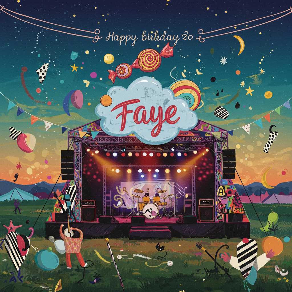 The front cover of the birthday greeting card presents a surreal and abstract representation of a rock band festival scene, brought to life through vivid shapes, colors, and forms.

At the center, a triangular stage is crafted from sharp, bold lines in red, blue, and yellow, reminiscent of Mondrian’s geometric compositions. The stage's apex is adorned with vibrant, swirling lines in primary colors, echoing the spontaneous energy of Pollock's drips.

Hovering above the stage, an irregularly shaped, candy-colored cloud composed of overlapping circles and squares reminiscent of Kandinsky's work, suggests an ethereal sky. Inside the cloud, the word "Faye" is scripted in a freeform, swirling style, almost like Twombly's handwriting, drawn in a striking metallic silver to make it shimmer against the colorful backdrop.

Around the stage, abstracted forms of musical instruments and band members are sketched with fluid, sinuous lines in contrasting hues of black and white, capturing the dynamism of a live performance. A series of small, black and white striped rectangles arranged in rhythmic patterns convey the beats and rhythms of rock music.

The background unfolds like a festival landscape, depicted through layered horizontal bands of muted greens, purples, and oranges inspired by Rothko's color fields, creating an abstract ground that transitions into a deep ultramarine sky.

Floating above the scene, an array of geometric shapes, including stars and crescent moons, is sprinkled throughout the sky in metallic gold and silver, capturing the twinkling lights of a festival night. The abstract, thick brushstrokes of vibrant blues and reds interweave like de Kooning's gestures, suggesting movement and celebration across the card.

Finally, a vertical banner hanging from the side of the stage, composed of intersecting grids in muted pastels, contains abstract patterns of triangles and circles, nodding subtly to Agnes Martin’s precision and balance, while contributing to the harmonious composition of the scene.
Generated with these themes: Rock bands, and Festival .
Made with ❤️ by AI.