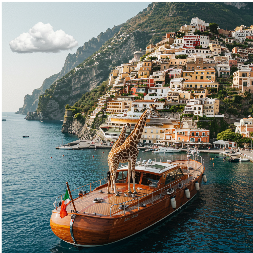 The front cover of this anniversary greeting card features a vivid, lifelike photograph-style depiction of a picturesque scene along the Italian coast. The background showcases the rugged charm of the Amalfi cliffs, with their striking shades of beige and burnt sienna cascading down into the azure waters of the Tyrrhenian Sea. The coastline is dotted with quaint, pastel-hued buildings, their terracotta roofs contrasting beautifully with the verdant greenery of cypress and olive trees.

In the foreground, a luxury wooden yacht, gleaming in polished mahogany and rich teak, bobs gently on the glistening water. Its sleek design is accentuated by chrome accents and pristine white sails that catch the soft golden glow of the late afternoon sun. On the deck, two loving giraffes, rendered with meticulous lifelike details, stand gracefully. Their tall necks are playfully intertwined, with intricately patterned spots of caramel and cocoa brown.

Across the sky, a whimsically floating banner, composed of fluffy white clouds, spells out "Luca e Anna-Maria" in a script that appears naturally formed by the breeze. This gentle cloud formation subtly enhances the visual focus without overpowering the detailed scene below.

Each element is captured in vibrant, true-to-life colors that make the composition as immersive as a snapshot from an unforgettable moment.
Generated with these themes: Italian coast in the background, a luxury wooden yacht and two loving giraffes on the deck.
Made with ❤️ by AI.