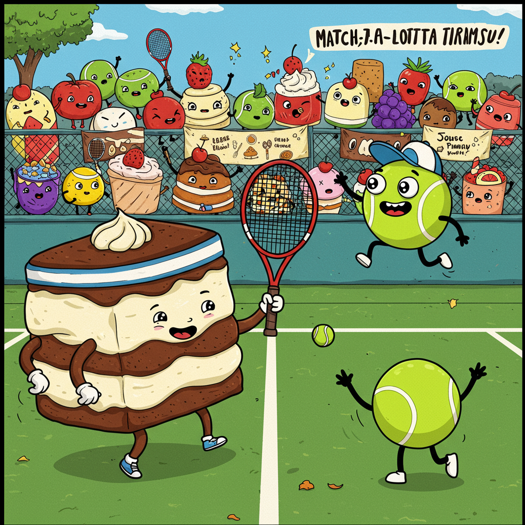 **Prompt for Image:**

Imagine a vibrant and playful cartoon scene on a tennis court. In the foreground, there's a giant, anthropomorphic slice of tiramisu wearing a headband and holding a tennis racket. The tiramisu's creamy layers and cocoa-dusted top are illustrated with exaggerated, cheerful expressions. Its tennis racket is comically small compared to its towering, delicious form.

Opposite the tiramisu, a cartoon tennis ball character is jumping mid-air, ready to serve. It has big, googly eyes and a cheeky grin, wearing a tiny cap turned backward. The tennis ball is poised in an exaggerated, dynamic pose, showing off its spunky personality.

In the background, a crowd of animated, anthropomorphic desserts and fruits are cheering wildly, waving banners with doodled tennis rackets and dessert motifs.

A small text caption at the top reads: "Game, Set, Match-a-lotta Tiramisu!" in bold, playful font.

The scene is filled with bright, saturated colors, thick outlines, and whimsical energy, creating a perfect cartoon-style birthday greeting full of humor and charm.
Generated with these themes: Tennis, Tiramisu, and .
Made with ❤️ by AI.