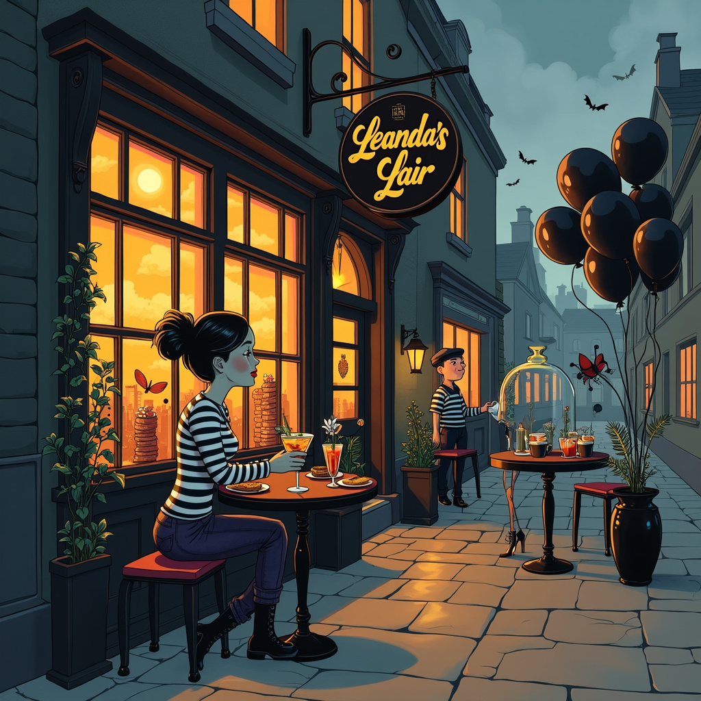 In this surreal cartoon birthday scene, the setting is a whimsical café set on an eerie yet enchanting Friday the 13th morning. Imagine a cobblestone street under a twilight sky, where the café's name, "Leanda's Lair," is spelled out in a gothic font on an obsidian signboard hanging above the entrance. The café's windows are shaped like half-opened citrine-colored eyes, glowing warmly amidst the dark, shadowy buildings.

Inside the café, various fantastical breakfast items come to life: pancakes stack themselves, eggs dance around bacon strips, and toast soldiers march in formation. The tables are made of polished black marble, and each one is adorned with miniature Doc Martens as quirky flower vases holding delicate black roses and white lilies.

Leanda, depicted as a cheerful character in the style of a Hergé cartoon, is seated at the center table. She is wearing a classic black and white striped top with a skirt made of shimmering obsidian fabric, complete with tiny citrine accents. Surrounding her are her friends, also in unique, goth-inspired outfits, sipping cocktails that shimmer in various dark hues, from deep burgundy to midnight blue.

Hovering near the ceiling is a giant Death moth with intricately detailed wings, holding a banner in its legs that reads "Happy Birthday Leanda" in elegant cursive. This banner flutters as if caught in a gentle breeze. Behind the counter, a barista dressed as a goth version of Charles Schulz’s Charlie Brown, complete with a black zigzag pattern on his shirt, prepares an elaborate coffee brew in a large French press that looks like it was carved from black obsidian.

The background includes a clock striking 13:00, reinforcing the Friday the 13th theme. The café’s walls are adorned with surrealistic paintings that merge scenes from a typical breakfast with dark, whimsical elements: a stack of pancakes shaped like skulls, coffee cups with bat wings, and a sunrise made from bacon and eggs. Near the entrance, a cluster of black balloons is tied to a set of Doc Martens, floating as if filled with helium.

Outside the café, in the sky, fluffy clouds form the letters of "Leanda," ensuring her name is prominently featured. The cobblestone street is alive with shadows that move and twist, creating a captivating, otherworldly ambiance. The artist can use a mix of vibrant colors for the characters and a darker palette for the background to bring this quirky, surreal scene to life.
Generated with these themes: Friday 13th , Black, Coffee, Breakfast, Obsidian , Citrine, Death moth , Doc martens , Goth, Cofee, and Cocktails .
Made with ❤️ by AI.