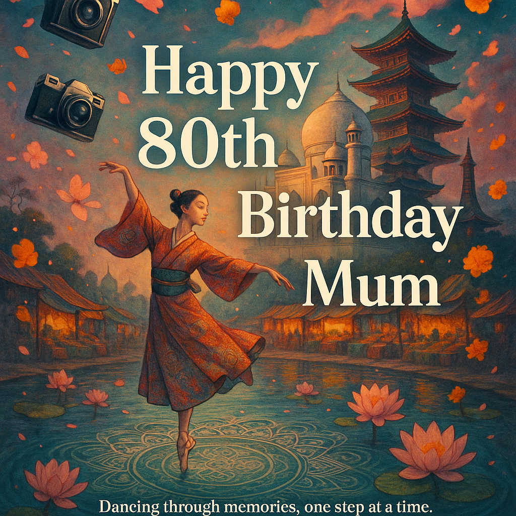 At the center of the Surreal Style image, in large, legible text that does not touch or go beyond the edge, write "Happy 80th Birthday Mum". Ensure this text is fully visible with padding so none of it is cropped.

Imagine a dreamlike landscape where elements of India and Japan converge in a harmonious blend. In the foreground, a graceful ballerina, wearing a traditional Japanese kimono, performs an elegant ballet pose, her feet tapping lightly on the surface of a lotus pond. The pond’s water ripples into intricate mandala patterns, reflecting the vibrant colors of an Indian market. 

In the background, a fantastical hybrid of the Taj Mahal and a Japanese pagoda rises against a sky painted with surreal hues of twilight. Scattered around are vintage cameras that hover mid-air, each capturing a unique angle of this magical scene. A gentle breeze stirs cherry blossom petals and marigold flowers, as they dance together in the air, adding movement and life to the composition.

At the bottom of the image, a small caption reads: "Dancing through memories, one step at a time."
Generated with these themes: India, Japan, travel, photography, ballet and tap dancing, and .
Made with ❤️ by AI.