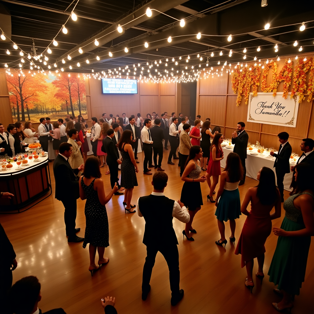 The scene unfolds in a spacious, windowless room where polished wooden floors gleam under a twinkling canopy of strand lights, casting a warm, inviting glow across the space. The room is bustling with a lively crowd of diverse people, dressed in semi-formal attire, capturing a spectrum of styles from sleek suits to chic cocktail dresses. At the center, a group has formed a high-energy dance circle, their movements animated and synchronized with laughter and joy.

A New York marquee sign, reminiscent of Broadway's iconic displays, hangs above the entrance, its lights pulsating to the rhythm of the music. To the left, a cocktail bar boasts an array of colorful drinks, each glass artfully garnished and waiting to be enjoyed. The bartender, in a crisp white shirt and black vest, skillfully juggles bottles mid-pour, drawing an impressed cheer from onlookers.

Against one of the wooden walls, a series of rectangular dining tables are elegantly set with white linens, adorned with autumn-themed centerpieces featuring miniature pumpkins and vibrant fall leaves. In the background, a large mural captures the essence of New York in the fall, with vivid imagery of Central Park trees blazing in hues of orange and gold.

Dominating one wall, an oversized banner reads "Thank You, Samantha!" in elegant calligraphy, with the name Samantha crafted from golden, sparkling letters that catch the light. This personal touch is framed by smaller garlands of autumn leaves, seamlessly tying together the elements of the scene into a cohesive story of gratitude and celebration.
Generated with these themes: Crowd high-energy dancing in semi-formal attire in large elegant windowless wooden room with strand lights, New York Marquee, Fall trees in New York, Multiple races represented, Cocktail bar, and Rectangular Dining tables.
Made with ❤️ by AI.