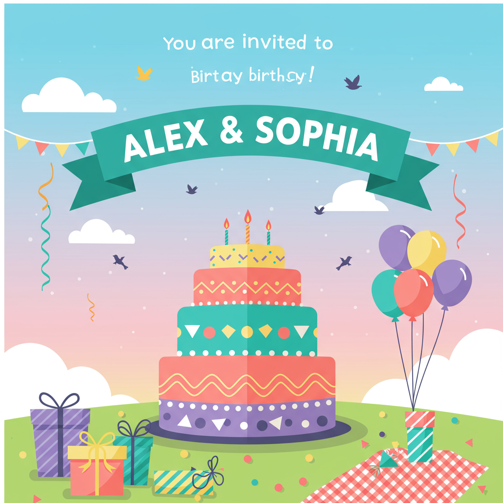 **Front Cover Design Concept for Alex & Sophia's Birthday Hangout Invitation Card**

---

**Scene Layout:**

1. **Background:**
   - A vibrant, pastel sky with gradients transitioning from soft pink to baby blue, evoking a playful, celebratory ambiance.
   - Simple, flat clouds floating gently, providing a whimsical touch to the sky.

2. **Central Element:**
   - A large, colorful birthday cake taking center stage.
   - The cake is tiered with three levels, each decorated with flat, vector-style icing patterns in bold colors: teal, coral, and lavender.
   - Each tier is adorned with a geometric pattern, inspired by Malika Favre's clean lines and shapes.

3. **Decorative Elements:**
   - Brightly colored party balloons, in shades of orange, yellow, and turquoise, with long, twisting ribbons.
   - Streamers and confetti scattered around the scene in vector style, reminiscent of Joshua Davis's dynamic compositions.
   - A row of stylized, flat presents in the foreground, wrapped in contrasting colors like lime green, hot pink, and royal blue, each tied with sharp, vector-style bows.

4. **Text Elements:**
   - The words "You are invited to" appear in a playful, rounded font at the top of the card, echoing the style of Von Glitschka.
   - "Alex & Sophia" is integrated into the scene on a vibrant, flat banner that arches over the cake. The text is in bold, modern typography with clean lines inspired by Patrick Seymour, ensuring high readability and visual impact.
   - The banner is a striking emerald green, standing out against the pastel sky backdrop.

5. **Additional Features:**
   - A simple, flat-style illustration of a picnic table in the bottom corner, covered with a gingham pattern cloth in classic red and white, nodding to a casual, inviting hangout vibe.
   - Small, vector-style birds in silhouette form scattered throughout the sky, adding a playful touch in a subtle nod to Geo Law's whimsical illustrations.

This design blends geometric precision and vibrant colors to create a modern, eye-catching birthday invitation that pays homage to the illustrative styles of renowned artists while providing a unique and festive scene for Alex & Sophia's special day.
Generated with these themes: You are invited to Alex & Sophia's Brithday hangout.
Made with ❤️ by AI.