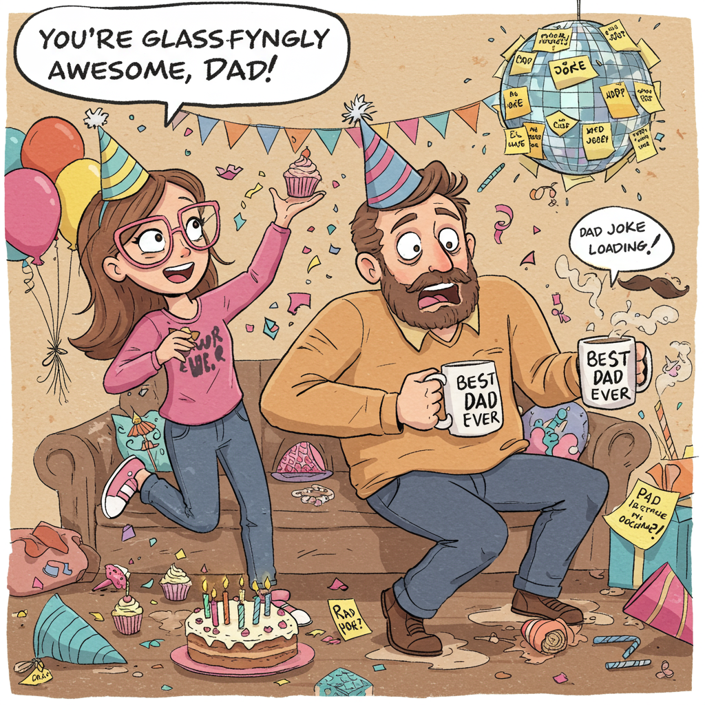 **Image Prompt:**

At the top of the illustration image: *"You're glasses-fyingly awesome, Dad!"*

Create a playful, hand-drawn doodle-style illustration of a quirky teenage girl wearing oversized glasses and her dad mid-celebration chaos. The girl is joyfully tossing birthday cupcakes like confetti, and Dad is dodging them with exaggerated cartoon panic — he's wearing a party hat that's slightly askew and holding a “Best Dad Ever” mug that's leaking coffee from the side. Background elements include a messy birthday scene with balloons shaped like mustaches, a lopsided cake with far too many candles, and a disco ball made of dad jokes (literal sticky notes with jokes like "Dad joke loading...").

The mood is silly and energetic, bursting with fun father-daughter goofiness and chaotic birthday vibes. Use loose, sketchy lines, vibrant colors, and whimsical proportions to capture the dynamic between a playful daughter and her hilariously overwhelmed dad.
Generated with these themes: gIRL WEARING GLASSES having fun HER FATHER, in drawing or doodle form.
Made with ❤️ by AI.