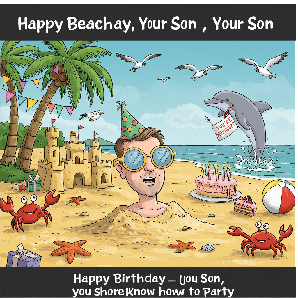 **Image Prompt:**

At the top of the cartoon image, *Happy Beachday, Your Son — you shore know how to party!*

A hilarious cartoon beach scene with a slightly sunburned man (clearly meant to be “Your Son”) buried up to his neck in sand, wearing oversized novelty sunglasses and a tiny party hat, with seagulls circling suspiciously above. Around him, palm trees are strung with birthday streamers, and crabs are carrying slices of birthday cake. A beach ball bounces past a sandcastle shaped like a giant birthday cake with lit candles made from colorful drink umbrellas. A dolphin is leaping from the ocean in the background, holding a “You’re How Old?!” banner in its mouth. The sky is bright, the vibe is sunny, and everything is joyfully ridiculous.
Generated with these themes: Beaches .
Made with ❤️ by AI.