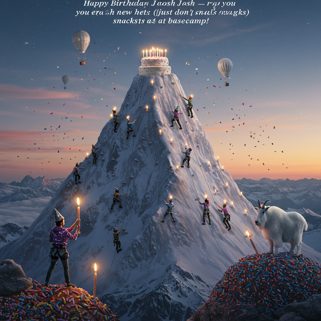 At the top of the realistic photograph image, *Happy Birthday Josh — hope you reach new heights (just don't forget snacks at basecamp!)*

**Prompt for the image:**

A surreal, hyper-realistic photograph depicting a colossal birthday cake shaped like a snow-capped mountain rising from a dreamy, pastel-hued landscape. Climbers wearing party hats and sparkly birthday gear are roped together, scaling its layers of icing, candles acting as climbing torches stuck in the "frosting cliff face". Confetti clouds drift through the sky, and tiny hot air balloons shaped like presents float gently overhead. In the background, the horizon glows with soft twilight, casting long shadows and giving the cake-mountain a mystical, awe-inspiring feel. A mischievous mountain goat wearing a party blower gazes curiously at the climbers from a rocky sprinkle-covered outcrop. The atmosphere is both majestic and whimsically absurd—like a birthday party crossed with a National Geographic expedition.
Generated with these themes: climbing .
Made with ❤️ by AI.