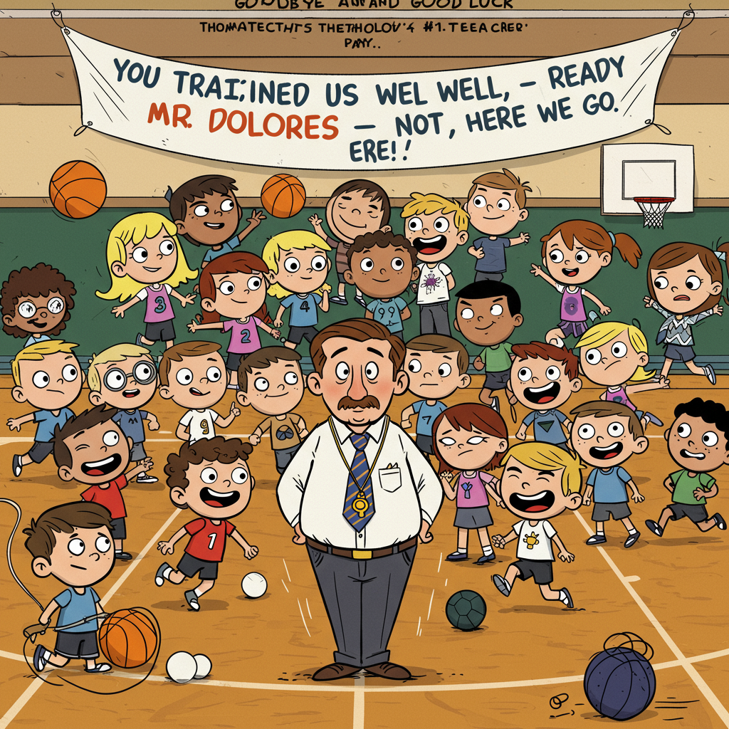 At the top of the Cartoon Style image, include the text: "Goodbye and good luck Mr Dolores #1 Teacher."

**Image Description:**

Imagine a vibrant and colorful cartoon scene in a bustling school gymnasium. Thirty energetic boys and girls, each with their own quirky personality, are in the middle of a chaotic yet delightful sports class. The kids are engaged in a variety of sports activities, some tossing basketballs, others tripping over jump ropes, and a few entangled in a dodgeball frenzy. 

In the center of the action stands Mr. Dolores, the beloved teacher, portrayed with an exaggeratedly oversized whistle around his neck and an endearing, slightly overwhelmed expression on his face. His arms are playfully outstretched as if attempting to corral the mayhem. 

Above him, a banner whimsically hangs from the rafters with the cheeky message, "You trained us well, Mr. Dolores - Ready or not, here we go!" 

The background bursts with bright, saturated colors, and the characters are drawn with thick outlines and energetic poses, encapsulating the playful, funny, and chaotic spirit of a farewell day at school.
Generated with these themes: Teaching, Sport, 30 boys and girls , School, and .
Made with ❤️ by AI.