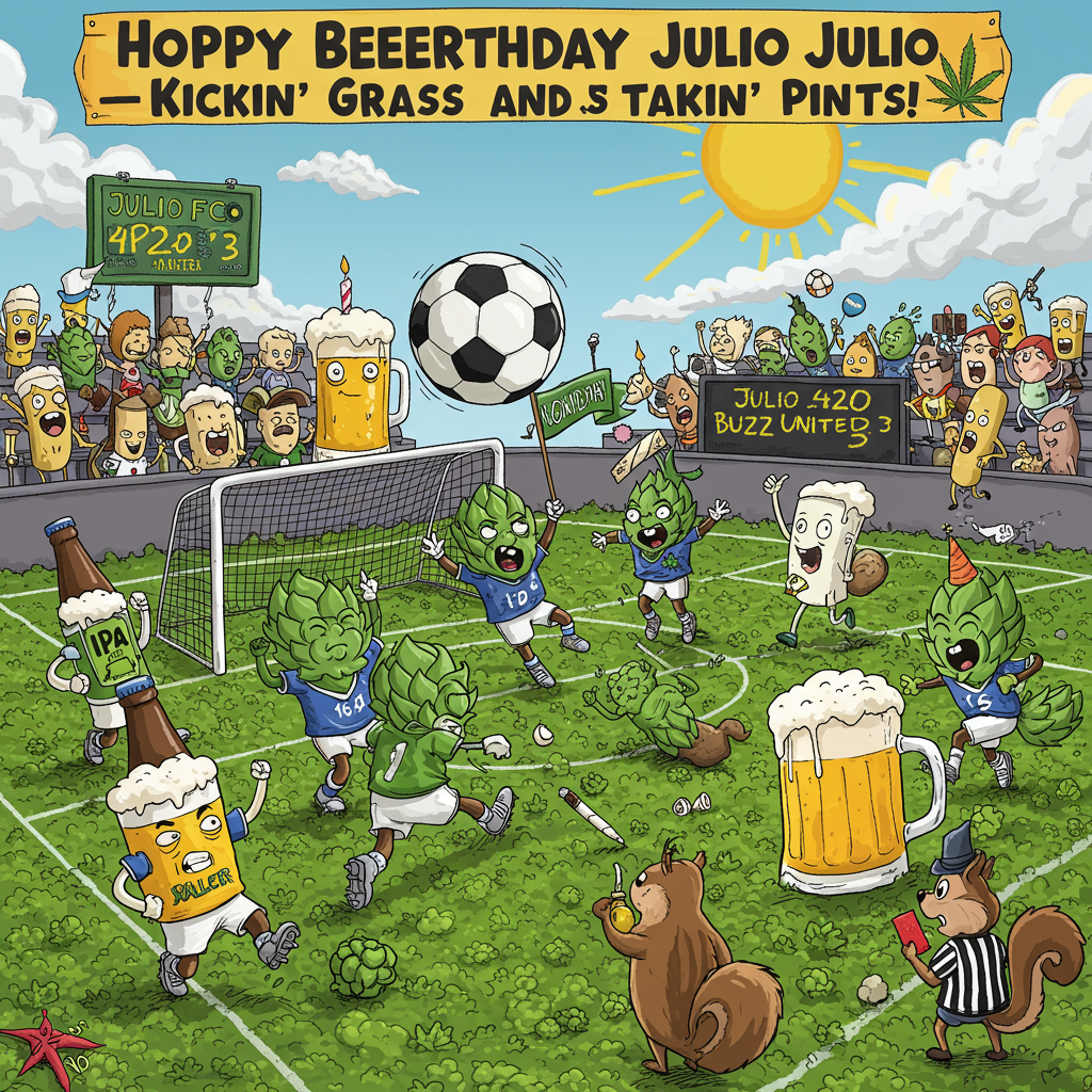 At the top of the illustration image, "Hoppy Beerthday Julio—Kickin' Grass and Takin' Pints!"

A cartoon-style illustration featuring:

- A jubilant, slightly stoned soccer team of hop-headed IPA beer bottles wearing tiny cleats, jerseys, and cannabis-leaf captain armbands, playing a hilarious soccer match on a field made entirely of rolling green bud.
- Julio as the goalkeeper (in caricature), eyes a bit glazed, making an epic dive save toward a giant frothy pint glass “ball” flying through the air.
- Spectators in the stands are pint glasses and joints with arms, cheering and waving flags with beer and leaf symbols.
- The scoreboard reads: “Julio FC: 420 – Buzz United: 3”
- Sunny skies overhead with fluffy smoke-clouds forming party balloons.  
- One mischievous squirrel wearing referee stripes holding a red card and a tiny bong. 

A perfect chaotic birthday tribute blending IPAs, soccer fever, and 4:20-friendly fun.
Generated with these themes: IPAs , Soccer, and Weed.
Made with ❤️ by AI.