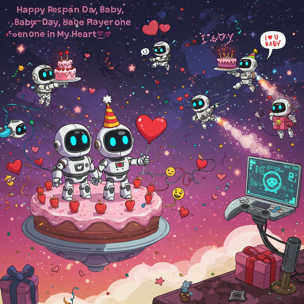 **Prompt for Illustration:**

At the top of the illustration image, include the text:  
**"Happy Respawn Day, Baby — You're Player One in My Heart 💙🎮"**

**Illustration Style:** Fun and quirky cartoon illustration

**Image Description:**  
A whimsical, romantic scene inspired by the Astro Bot world from PlayStation 5. Astro Bot and another custom cute bot (wearing a party hat and holding a heart-shaped balloon) are on a floating cake-shaped platform, drifting through a dreamy digital galaxy of floating confetti, heart emojis, and sparkly pixel stars. The setting is charmingly futuristic but romantic — imagine PlayStation graphics meet cheesy rom-com.

In the background, little Astro bots are clumsily trying to set up a "romantic" birthday surprise — tangled in streamer wires, one flying through the air holding a cake that's clearly about to hit someone, another serenading on a glitchy robot violin. A bot skywrites "I <3 U BABY" with jetpack exhaust. Meanwhile, the main Astro Bot (as the sender) lovingly holds a DualSense controller like it’s a box of chocolates, gazing at “Baby Bot.”

Overall mood: Heartfelt hilarity in a digital love world, packed with visual jokes, playful references to PS5 gameplay, and Astro Bot charm.
Generated with these themes: include images from the playstation 5 game Astro Bot, in a romantic setting for my boyfriend.
Made with ❤️ by AI.