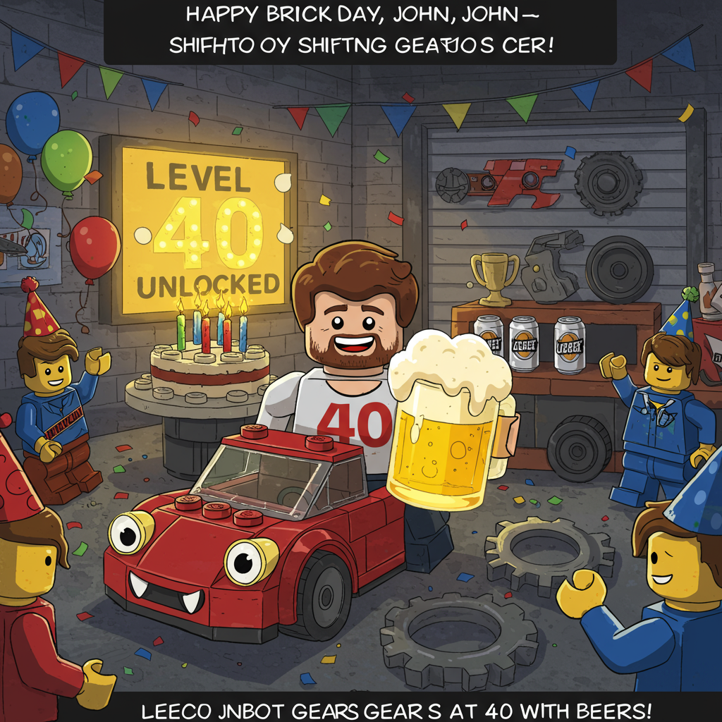 **Image Prompt:**  
A cute cartoon birthday scene featuring a cheerful Lego version of John at a party. He's got a slightly scruffy beard made from brown Lego bricks, wearing a Lego T-shirt with a big bold "40" printed on it. He's standing next to a tiny cartoonish red sports car (with oversized wheels and googly eyes on the headlights), holding a frothy Lego beer mug made from translucent yellow blocks with foam spilling out as bubbly Lego bricks. Surrounding him are other Lego minifigures in party hats cheering, confetti made of bricks flying everywhere, and a birthday cake shaped like a gear with sparkler candles.

Behind John, there's a large brick-built “LEVEL 40 UNLOCKED” sign lit up with glowing bricks, and a small garage-style backdrop with beer cans and car parts neatly arranged like trophies.

**At the top of the cartoon image:**  
**"Happy Brick-Day, John — Shifting Gears at 40 with Beers!"**
Generated with these themes: Lego , Cars, Beer, 40, and .
Made with ❤️ by AI.