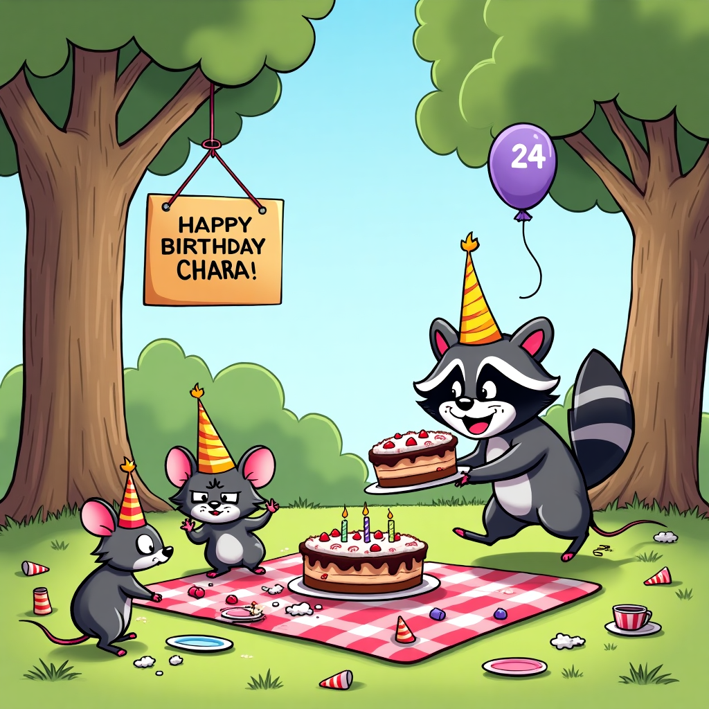 2) Birthday AI Generated Card - 24, Mouse, Racoon, Pic nic, and (5d575)