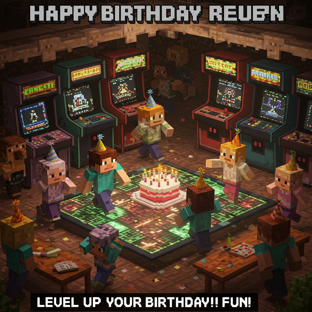 At the top of the Pixel Art Style image, display "Happy Birthday Reuben" in blocky, arcade-style lettering. 

**Scene Description:** Picture a lively, retro arcade scene set in a pixelated Minecraft world. The scene features pixelated characters with big blocky heads, wearing party hats, bustling around a Minecraft-style arcade. They're surrounded by classic arcade machines with flickering screens, dispensing pixelated tickets. In the center, a pixelated cake with chunky candles stands atop a digital dance floor, where the characters are joyfully doing a blocky dance-off. 

**Additional Text:** "Level Up Your Birthday Fun!" in the corner, to add a cheeky video game reference to the celebration.
Generated with these themes: Minecraft, Arcades, and .
Made with ❤️ by AI.