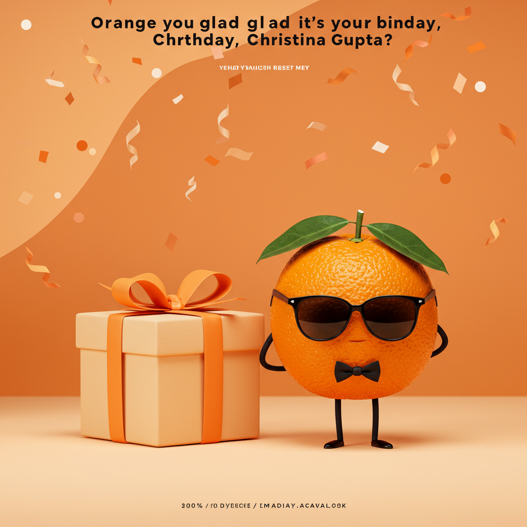 At the top of the illustration image: "Orange you glad it’s your birthday, Christina Gupta?!"

**Prompt for the illustration image:**

A chic, minimalistic birthday scene featuring a suave, anthropomorphic orange fruit wearing tiny black sunglasses and a fancy bowtie, standing next to an elegantly wrapped present in soft orange and cream hues. The background is sleek and minimal with smooth gradients of warm orange tones, resembling a luxury branding palette. Confetti drizzles gently from the top in monochrome shades of peach, tangerine, and coral. The orange fruit strikes a dramatic, model-like pose as if it's at a high-fashion photo shoot—ridiculously sophisticated for a fruit, adding to the humor. The overall composition is clean, stylish, and intentionally absurd.
Generated with these themes: Orange, Elegant, and Minimal.
Made with ❤️ by AI.
