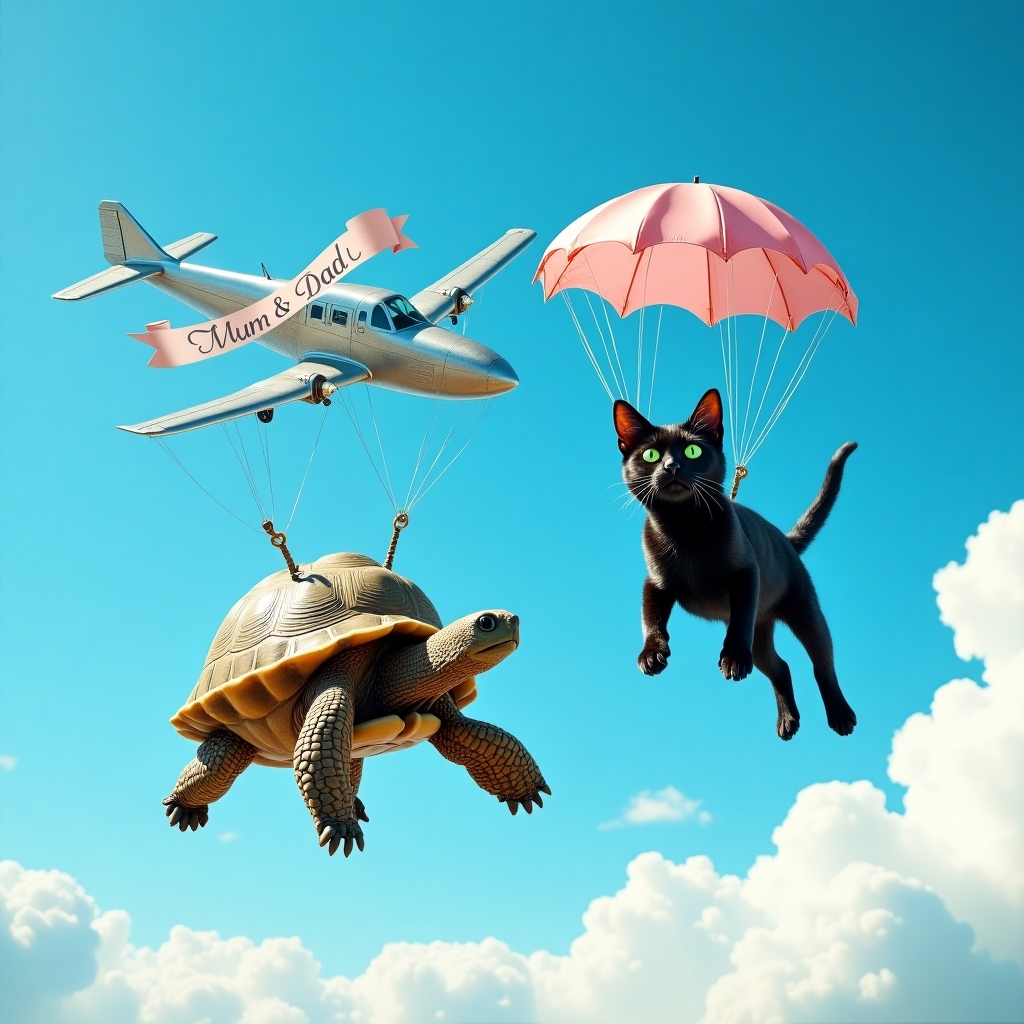 The front cover of the anniversary greeting card features a vibrant, dynamic scene captured in a realistic photograph style. In the foreground, a tortoise is parachuting through a vast, vivid blue sky. The tortoise's shell is detailed with rich browns and greens, and its little legs are splayed as if it’s thoroughly enjoying the descent.

Nearby, a sleek black cat, wearing its own tiny parachute, is captured in mid-air with its glossy fur reflecting the sunlight, adding a touch of elegance to the whimsical scenario. The cat’s emerald green eyes are open wide as it takes in the exhilarating experience.

Above them, a vintage silver plane, reminiscent of classic propeller aircraft, soars gracefully across the sky. The polished metal surface glints in the sunlight, and a banner trails behind it with the words "Mum & Dad" elegantly inscribed in flowing, white script.

In the distant background, fluffy white clouds float serenely, completing the picturesque aerial scene. The contrast of the blue sky and white clouds highlights the vibrant colors and details of the tortoise, cat, and plane, making them the focal point of this quirky yet lifelike anniversary greeting card cover.
Generated with these themes: Sky diving, Plane, Blue sky, Tortoise , Black cat, and .
Made with ❤️ by AI.