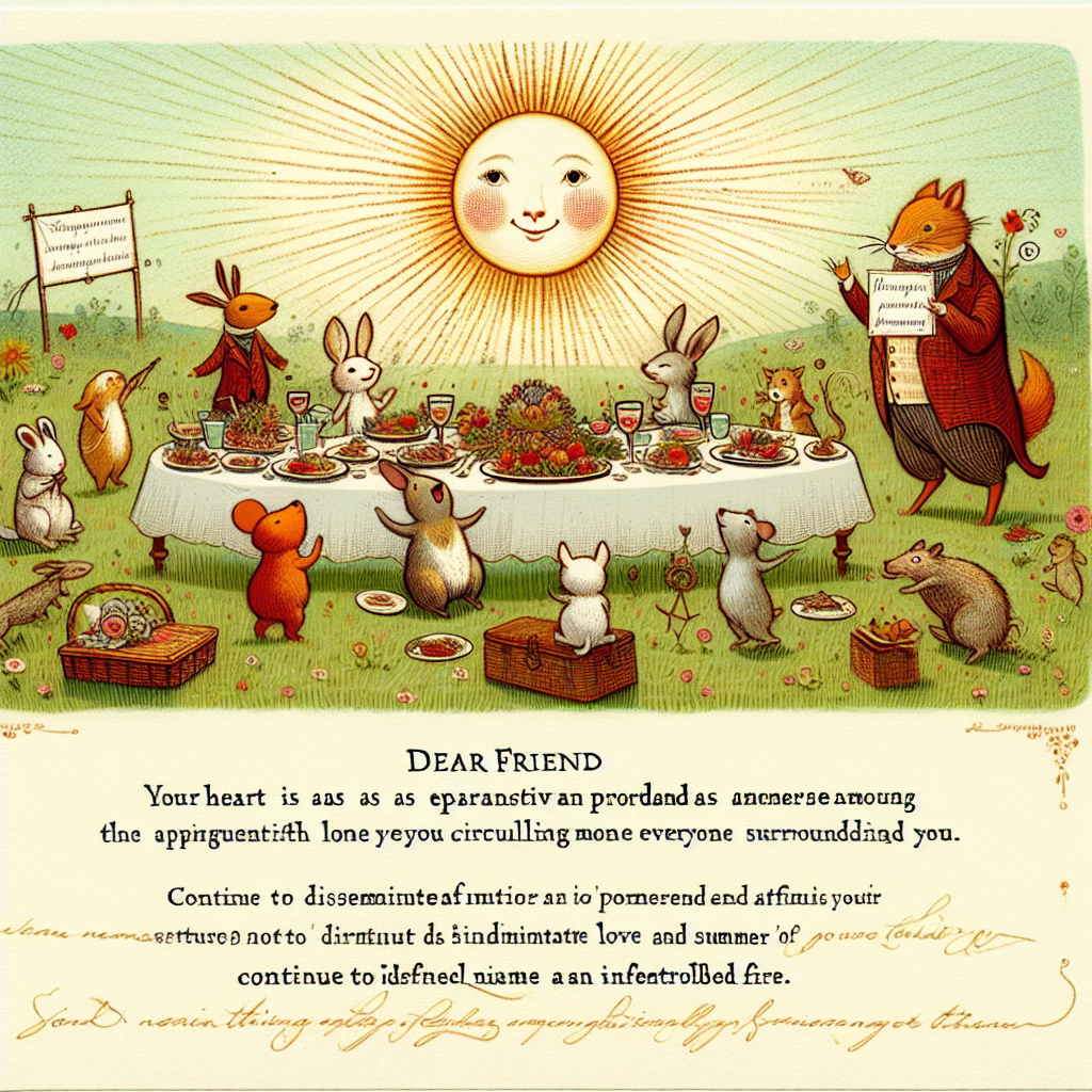 A charming animation showcasing a beaming sun presiding over a picnic setting teeming with adorable creatures. One creature is brandishing a placard that says 'Dear friend, Your heart is as expansive and profound as the affection you circulate among everyone surrounding you. Continue to disseminate love with the fervor of an uncontrolled fire.' The animals are portrayed orchestrating a sumptuous banquet, symbolic of a jubilant summer, tenderly echoing the sender's aspiration for a 'summer abundant in love, mirth, and indelible instants.' In an enchanting script style, an intriguing tidbit is harbored in the grass: 'The given name in question is of Italian lineage and signifies 'holy' or 'pure.''
Generated with these themes: Dear Araina    Your heart is as vast and deep as the love you share with everyone around you. Keep spreading love like wildfire. Wishing you a summer filled with love, laughter, and unforgettable moments with your loved ones. Fun fact: Ariana is of Italian origin and means "holy" or "pure.".
Made with ❤️ by AI.