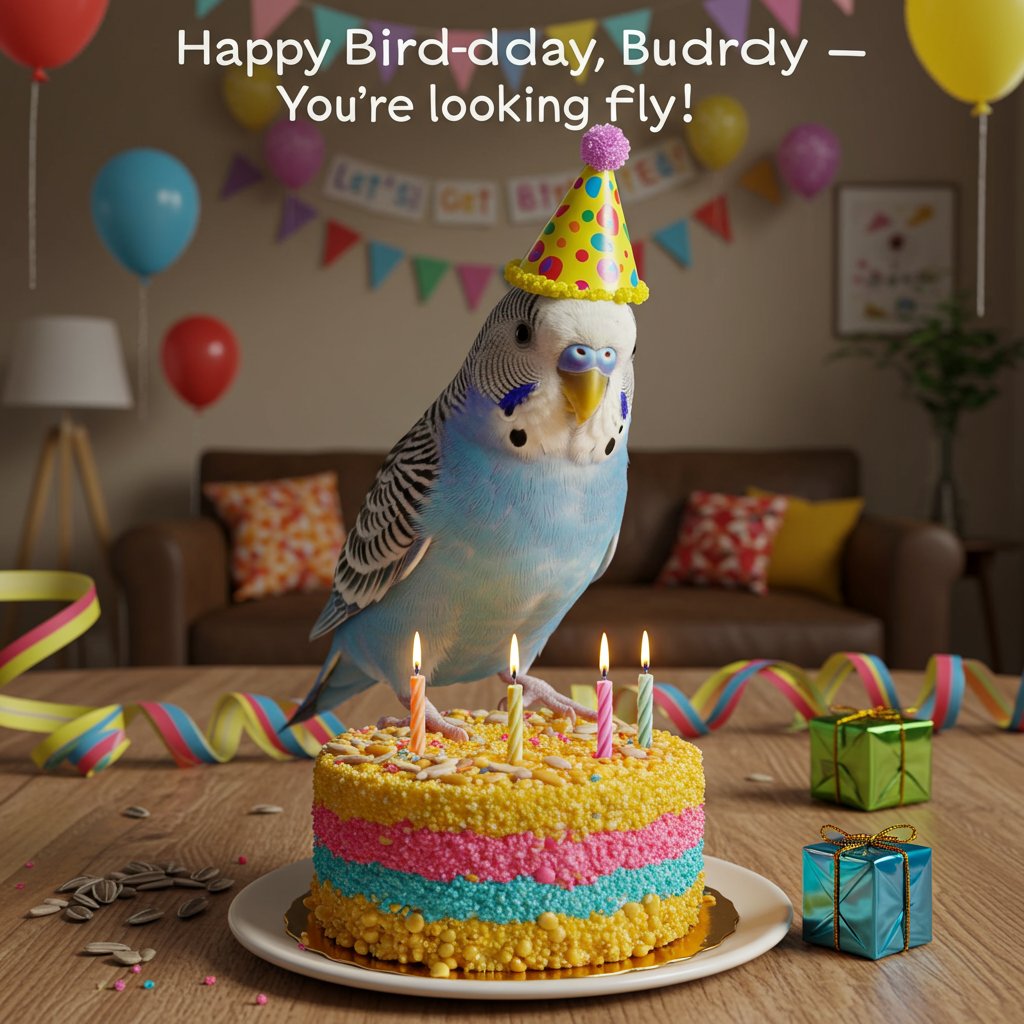 **Prompt:**

At the top of the realistic photograph image, *Happy Bird-day, Budgie – You’re looking fly!*  

A hyper-realistic, brightly lit photograph of a charming blue budgerigar wearing a miniature party hat tilted slightly askew. The bird is perched confidently on top of a small, colourful birthday cake with sunflower seeds and millet "sprinkles." Surrounding the scene are festive decorations: streamers, balloons, and a tiny wrapped gift beside the bird’s claw. The background is a living room decked out for a party, complete with a banner that reads “Let’s Get Tweeted!” The budgerigar is gazing directly at the camera with an adorably smug expression, as if fully aware that it's the star of the show.
Generated with these themes: Blue budgerigar.
Made with ❤️ by AI.