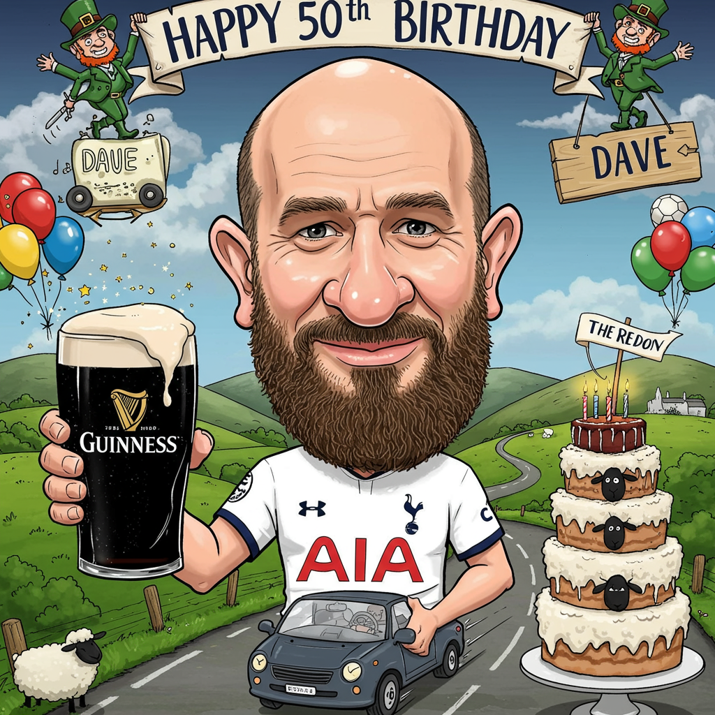 Front and center, a cartoonish, exaggerated 50-year-old man with a shiny bald head and a bushy, comically large beard is the main character of the scene. His nose is slightly larger than life, giving him a comical and endearing appearance. He is depicted wearing a crisp, bright white Tottenham Hotspur shirt, the iconic cockerel emblem prominently displayed on his chest.

The background features a vibrant, exaggerated interpretation of the Irish countryside, complete with lush, rolling green hills and a sky that transitions from a deep Guinness brown at the top to a frothy white at the bottom, resembling the famous stout. Dotting the hills are a few sheep, each with a cheeky cartoon face, and an occasional shamrock peeping through the grass.

In one hand, the man holds an overflowing pint of Guinness, the foam dramatically spilling over the rim and sparkling with tiny cartoon stars to emphasize its frothy freshness. His other hand is on the wheel of an absurdly small, cartoonish car, reminiscent of something out of a slapstick animation, which appears to be zooming along the winding road. The car's wheels are exaggeratedly large, almost cartoonishly spinning with motion lines to emphasize speed.

Above the scene, a colorful banner hangs, held aloft by two mischievous-looking leprechauns with twinkling eyes and oversized hats. The banner reads “Happy 50th Birthday” in bold, playful lettering. Beneath the banner, a smaller sign or flag waves in the wind with the name “Dave” artistically woven into the fabric, giving a sense of motion.

In the corner, a whimsical cartoon cake towers with five exaggerated layers, each progressively smaller and more unstable-looking, topped with a solitary, gigantic candle blazing brightly. Balloons float in the air, some shaped like footballs, echoing his love for the sport, with vibrant colors like royal blue, emerald green, and stark white, contrasting against the rich Guinness sky.

This lively scene is packed with playful details, humorously exaggerated features, and a color palette that bursts with life and the charm of the Irish landscape, perfect for celebrating "Dave's" milestone 50th birthday.
Generated with these themes: 50 year-old, bald man with beard, Drinking Guinness in Ireland , Driving quickly , Wearing a white Tottenham Hotspur shirt, and Celebrating his 50th birthday .
Made with ❤️ by AI.