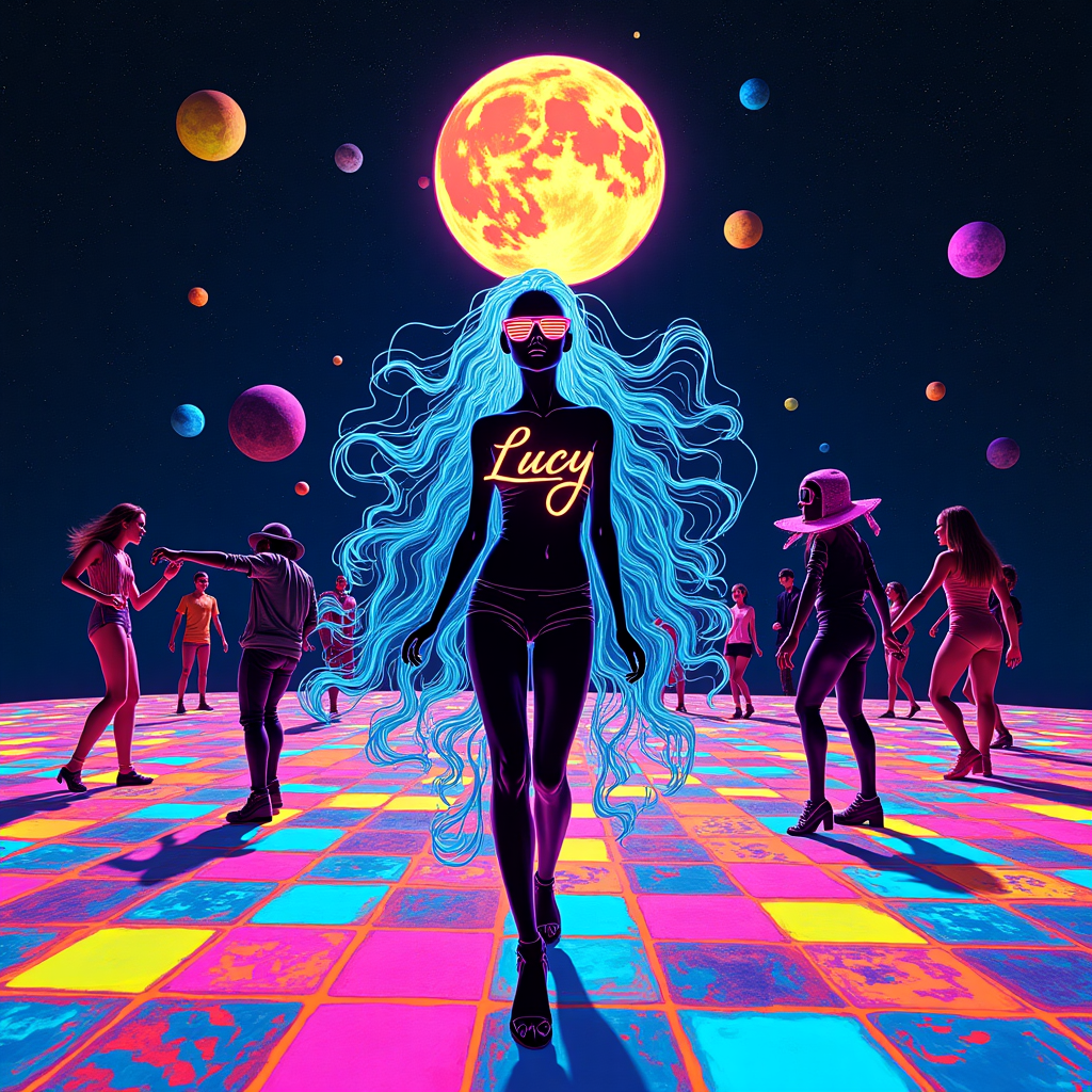 In the center of the card, a radiant, surreal landscape unfolds. The ground is a fluid mosaic reminiscent of Piet Mondrian's grid patterns, but instead of strict lines and primary colors, the squares are pulsating with neon blacklight hues – electric blues, vibrant pinks, and sizzling greens. Dancing on this shimmering stage are abstract figures reminiscent of de Kooning's dynamic forms, their limbs swirling like Jackson Pollock's drips, echoing the rhythm of a mystical rave. Above, the sky is a deep indigo, with Joan Miró-inspired constellations sparkling in luminous neon yellows and purples, forming an ethereal canopy. Centered in this celestial dance floor is a larger-than-life, cool girl figure. Her silhouette is outlined with a glowing aura, her hair a cascade of cascading neon streams. She wears oversized sunglasses that reflect the riotous colors around her, and on the lenses, in a vivid and intricate Cy Twombly script, is the name "Lucy" – as if it's been written by the stars themselves. Surrounding her, energetic auras swirl like Rothko's color fields, adding depth and movement to the scene. Partygoers, depicted as abstract shapes, orbit around her like planets in a Mondrian universe, their movements traced by Agnes Martin's delicate lines, suggesting an endless celebration. Above it all, an oversized, kaleidoscopic moon, reminiscent of Richter's abstract swirls, casts a mystical glow over the nighttime spectacle, anchoring Lucy's name firmly in the sky as a beacon of gratitude.
Generated with these themes: Mystical rave, Nighttime dancing, Neon black light colors, Party, Energetic auras, Beautiful cool girl, and Sunglasses.
Made with ❤️ by AI.