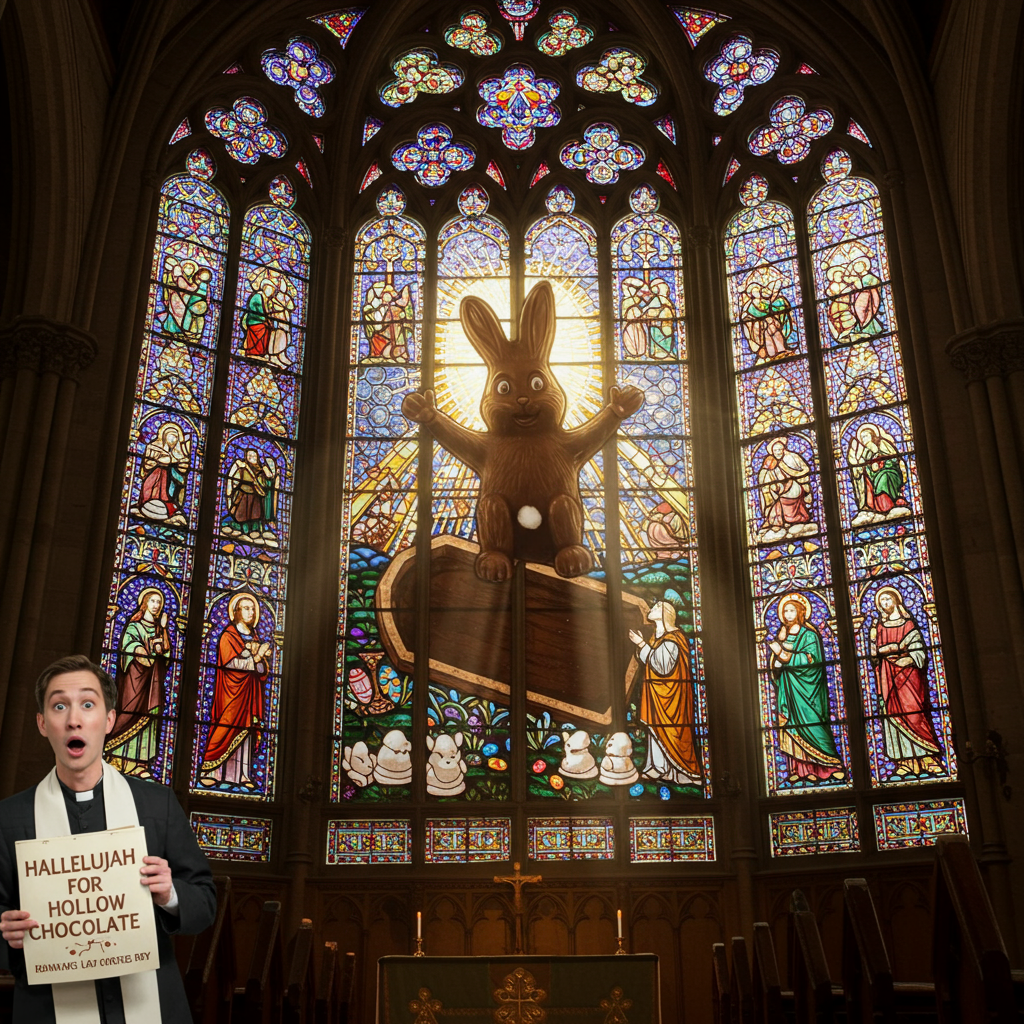 **Image Prompt:**  
A hyper-realistic photograph of a grand, old church interior featuring an elaborately detailed stained glass window in vibrant Easter colors. The stained glass depicts a comically literal resurrection scene: a giant chocolate bunny in place of traditional religious figures, rising gloriously from a candy-wrapper tomb, flanked by solemn marshmallow Peeps in tiny robes. Sunlight beams through the colorful glass, casting jelly bean-shaped light spots on the pews below. A surprised priest is seen mid-gasp in the foreground, holding an open hymnal labeled “Hallelujah for Hollow Chocolate.”
Generated with these themes: Lifelike Easter religious themed stained glass window.
Made with ❤️ by AI.