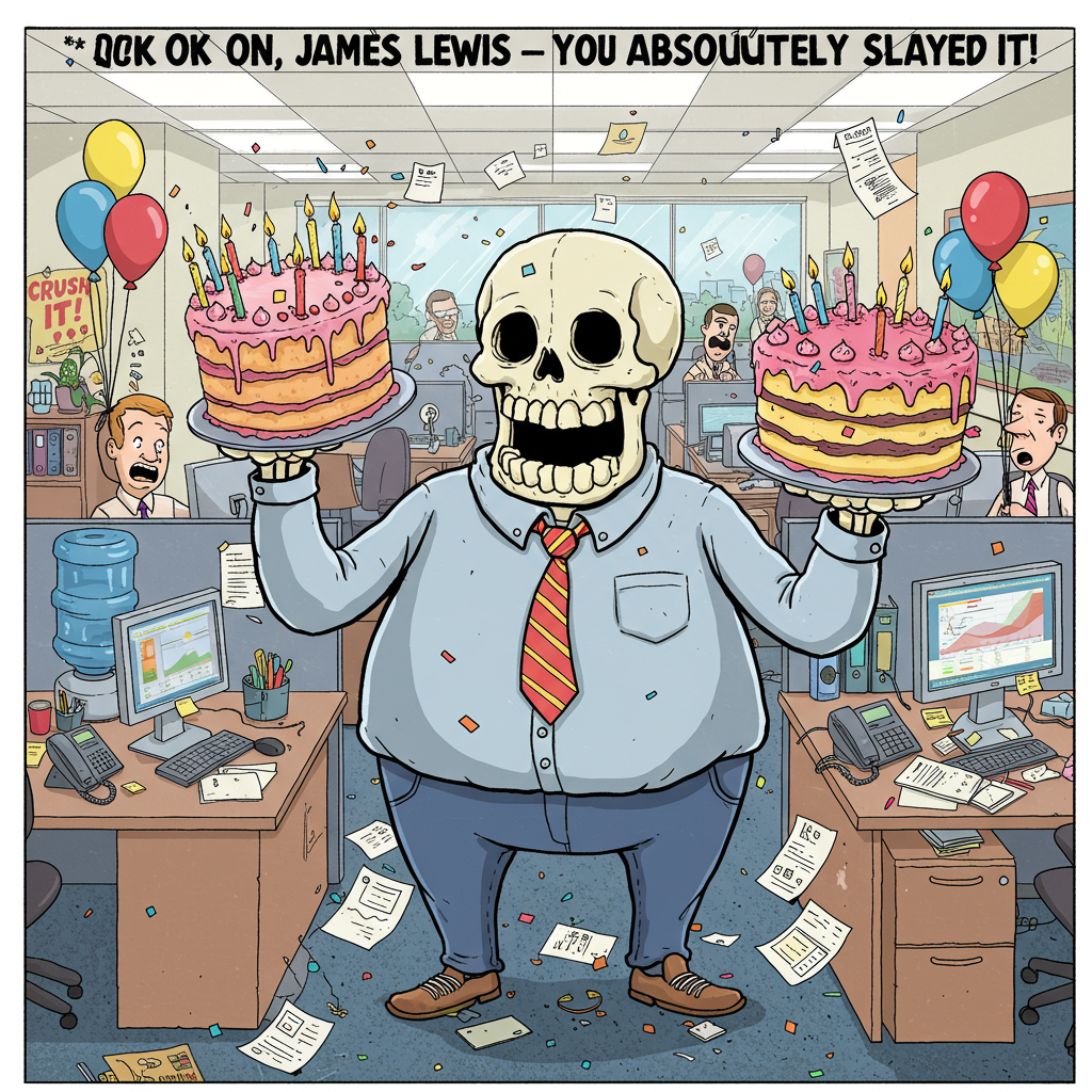 Here’s your detailed prompt:

---

At the top of the illustration image, write: "**Rock On, James Lewis – You Absolutely Slayed It!**"

Create an illustrated image in a humorous, quirky style:
- A funky, cartoonish skeleton wearing oversized office clothes (like a loose tie, rolled-up sleeves) is standing in a typical office environment — think cubicles, computer desks, water cooler.
- The skeleton is grinning widely and making the classic "rock on" hand sign (index and pinky fingers raised).
- In the other hand, it's proudly holding a giant, colorful celebration cake topped with candles.
- There are scattered papers, balloons, and confetti flying around as if the office has exploded into an impromptu party.
- Some surprised or laughing office workers (cartoony style) peek out from behind desks.
- The background should have fun little office touches — like a motivational poster saying "CRUSH IT!" but humorously crooked.
- Bright, cheerful colors with a light-hearted, energetic mood.

Keep the style vibrant, silly, and fun — a hilarious celebration of success!

--- 

Would you also like me to create a few alternative versions too? 🎉💀
Generated with these themes: a skeleton doing the rock on sign while holding a cake standing in an office.
Made with ❤️ by AI.