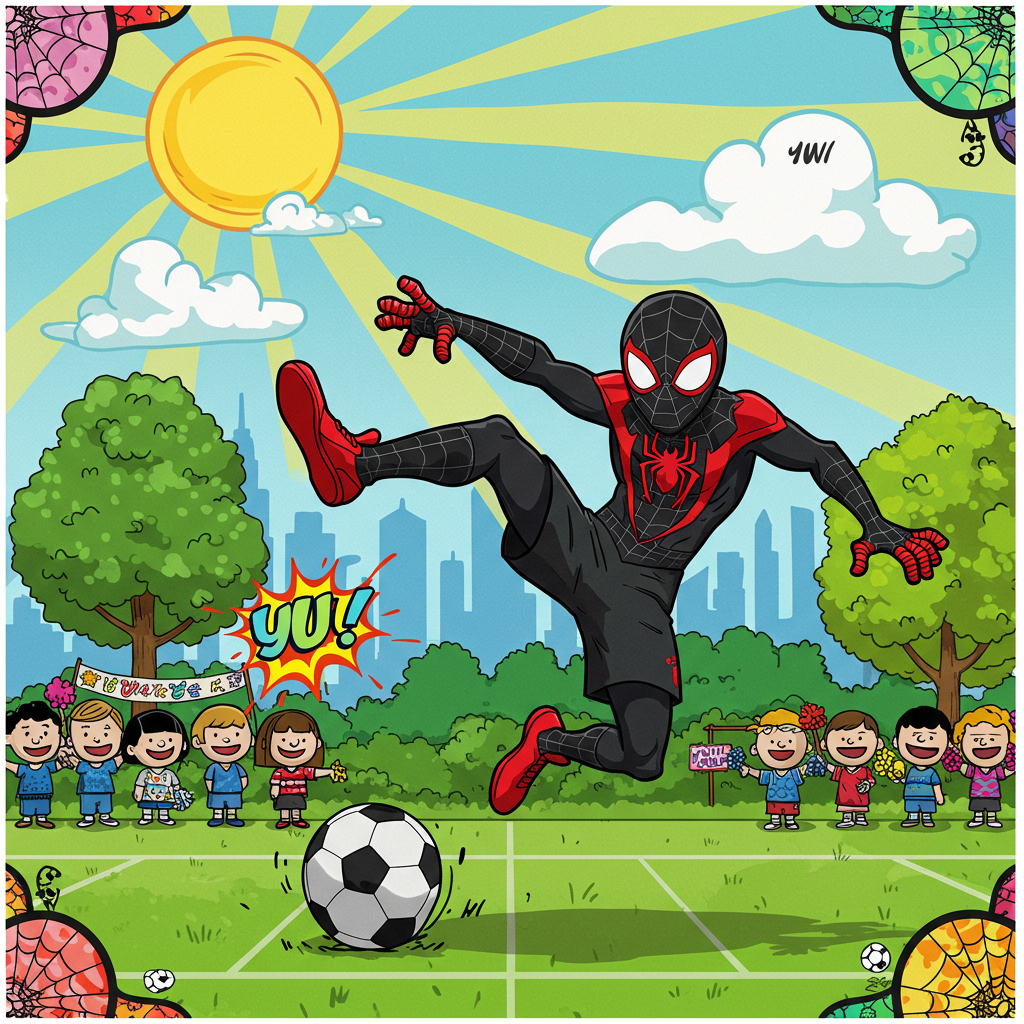 **Front Cover Design Description:**

**Main Scene:**

At the center of the card is Miles Morales, donning his iconic black and red Spider-Man suit, but with some whimsical touches to fit the playful theme. The costume features exaggerated, cartoonish proportions – oversized eyes on his mask, elongated fingers, and slightly exaggerated, springy limbs. 

Miles is mid-action, performing an impressive soccer move: an upside-down bicycle kick. The soccer ball is just about to be struck by his foot and is adorned with a vibrant, multicolored pattern reminiscent of a comic book-style explosion, with a kaleidoscope of colors including electric blue, fiery orange, and lime green. 

**Background:**

The backdrop is a sunny, comic strip-style city park. The grass is a vivid green, depicted with simplified, exaggerated blades in various shades. Dotted around are a few iconic elements: oversized comic book trees with giant, bubbly foliage in shades of emerald and jade, and a simple skyline silhouette, echoing New York City, with playful, exaggerated building shapes.

In the sky, a large, bright yellow sun with cartoonish rays beams down, while a few fluffy, cotton candy-like clouds float by. Hidden in the clouds, almost as if it’s a part of the sky itself, is the name "Yuvi" written in white, puffy cloud letters.

**Additional Elements:**

- **Spectators:** On the sidelines, small cartoonish characters, reminiscent of Peanuts-style kids, cheer with exaggerated expressions. Some hold simple banners in hand-drawn style with bright scribbles and patterns.
  
- **Border:** A playful comic-style border frames the card, with small web motifs in the corners and tiny soccer balls dotting the edges for added charm.

- **Color Palette:** The card is saturated with vibrant primary colors – rich reds, blues, yellows, and greens, each outlined in thick, bold black lines to give the scene a dynamic, comic book feel.

This whimsical, cartoonish illustration combines the athletic excitement of soccer with the heroic flair of Miles Morales' Spider-Man, all while maintaining a playful and celebratory birthday atmosphere.
Generated with these themes: miles morales spiderman in his costume playing soccer.
Made with ❤️ by AI.