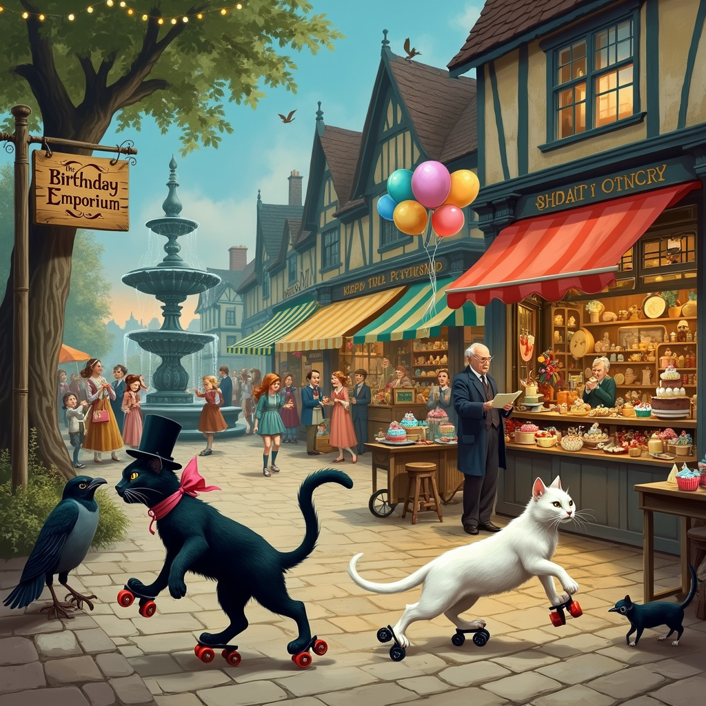 Imagine a bustling, whimsical outdoor market set in an enchanting village square. At the forefront of the scene, a black cat and a white cat, both wearing vintage roller skates, zoom through the cobblestone streets, creating a playful chaos. The black cat wears a tiny top hat, while the white cat has a pink bow tied around its neck. They both have mischievous glints in their eyes as they navigate the crowded market.

Stalls brimming with colorful goods line the square. One stall showcases a variety of birthday cakes and cupcakes with vibrant icing and elaborate decorations. Another stall features a selection of party hats, balloons, and streamers in all colors of the rainbow. Nearby, an elderly woman, inspired by Beatrix Potter’s characters, sells an assortment of cheese from an ornate cart adorned with little mice peeking out.

In the background, a quaint, timber-framed shop has its windows filled with toys, from wooden puppets to tin soldiers, reminiscent of Maurice Sendak’s detailed illustrations. Above the shop's door, a hand-painted sign reads, "The Birthday Emporium."

To the left, under a grand oak tree, a group of children dressed in quaint, Edwardian-style clothes, inspired by Norman Rockwell, are enjoying a picnic. They laugh and cheer as they watch the cats skate by, one boy even holding a string tied to a bunch of colorful balloons that float above him.

In the center of the scene, an old-fashioned fountain, akin to those in Gustave Doré's work, splashes merrily. Perched on the fountain’s edge is a dapper-looking crow with a monocle, holding a tiny shopping bag in its beak, perhaps inspired by Edward Gorey’s eccentric characters.

Above, the sky is a perfect blend of twilight hues, Maxfield Parrish’s signature ethereal colors. Twinkling fairy lights are strung between the stalls, giving the entire market a magical glow. 

Finally, a signpost in the corner of the scene, written in a whimsical Quentin Blake-style script, points in various directions with playful labels such as "Cake Alley," "Party Hat Heaven," and "Roller Skate Rendezvous," tying all the delightful elements of the scene together.
Generated with these themes: White and black cats, Shopping, and Roller skating.
Made with ❤️ by AI.